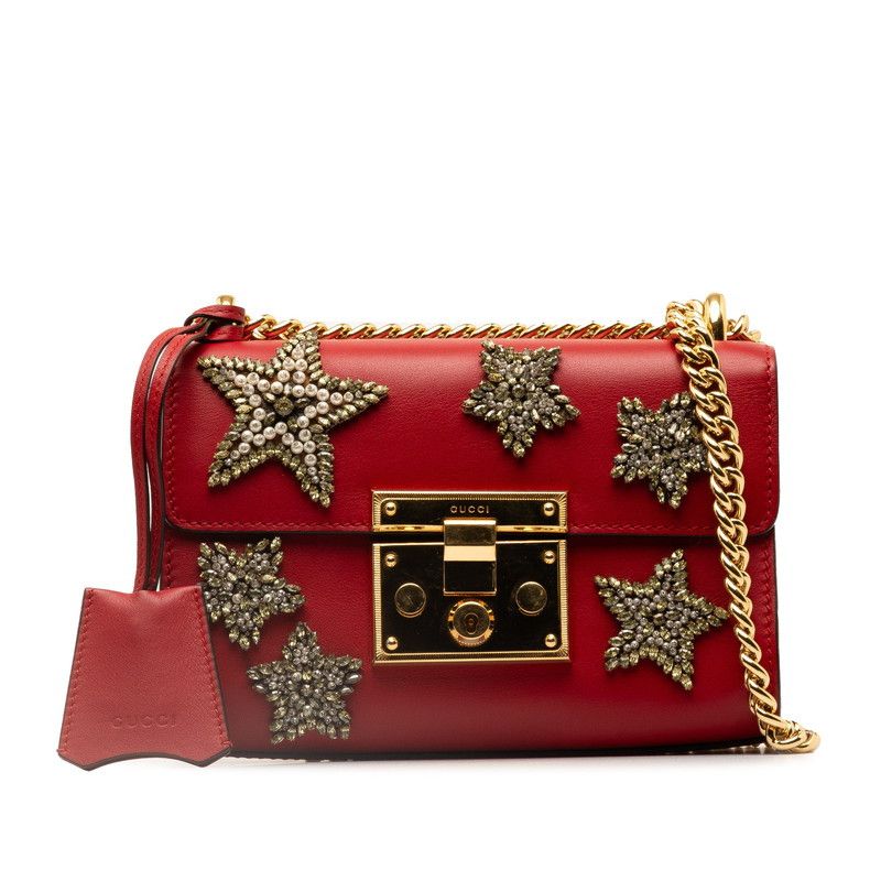 image of Gucci Leather Crystal Star Small Padlock Crossbody Bag in Red, Women's