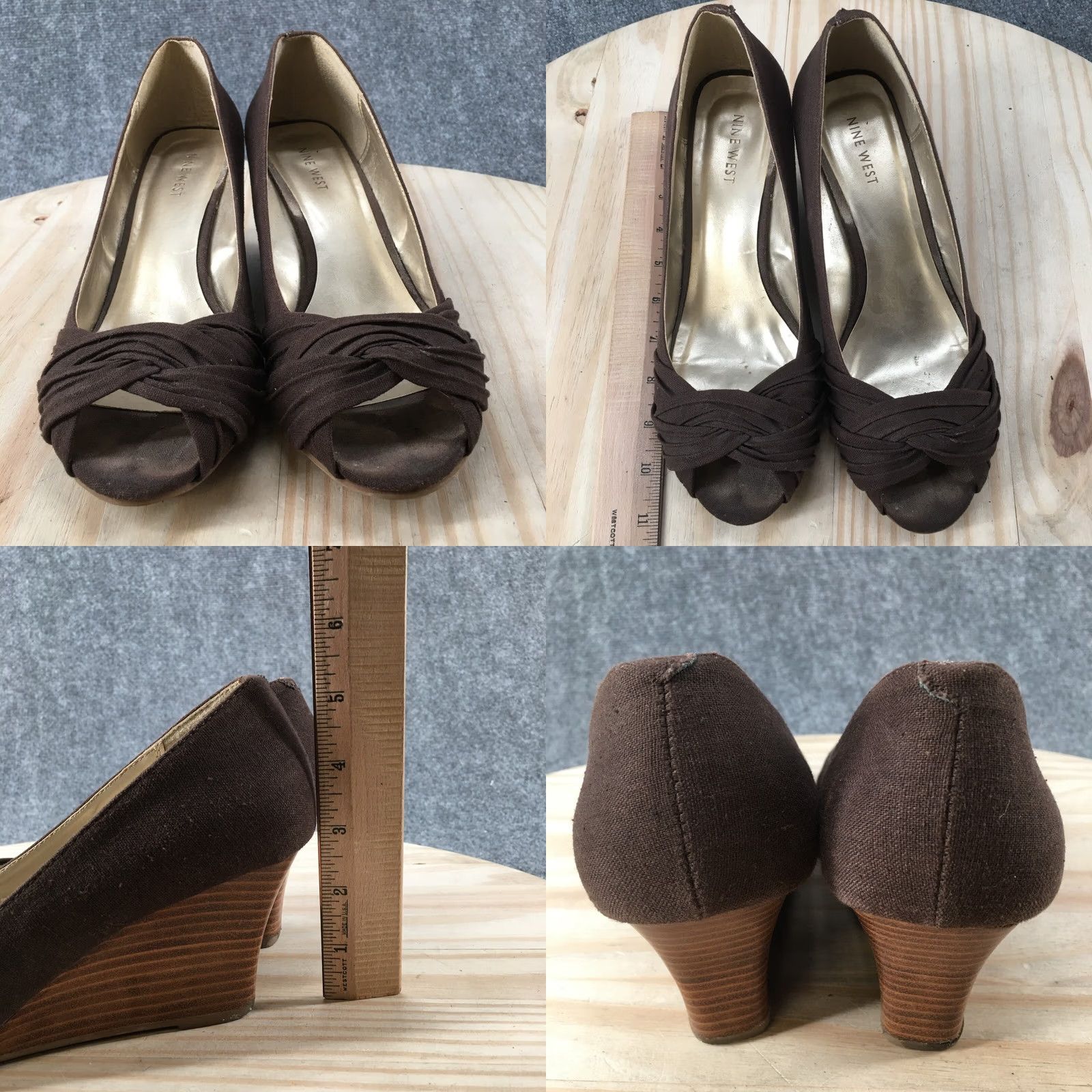 Nine West Nine West Heels Womens 9.5 M Peep Toe Casual Pumps Wedge Brown Fabric Slip On Size US 10 / IT 40 - 8 Thumbnail