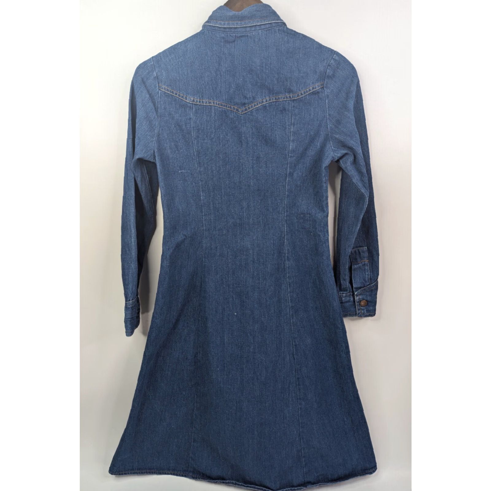 Denime Vintage Foxmoor Western Denim Shirt Dress 5/6 Blue Duster Collar 1970s Jeans Dagger Look Mens Womens Boys Girls Size 27" / US 4 / IT 40 - 5 Thumbnail