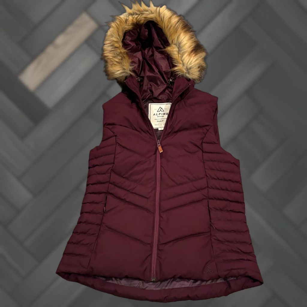 VINTAGE Alpine Design Womens Down Puffer Vest Sleeveless Zip Hooded Removable Fur Trim Wool Ski Red Small Womens
