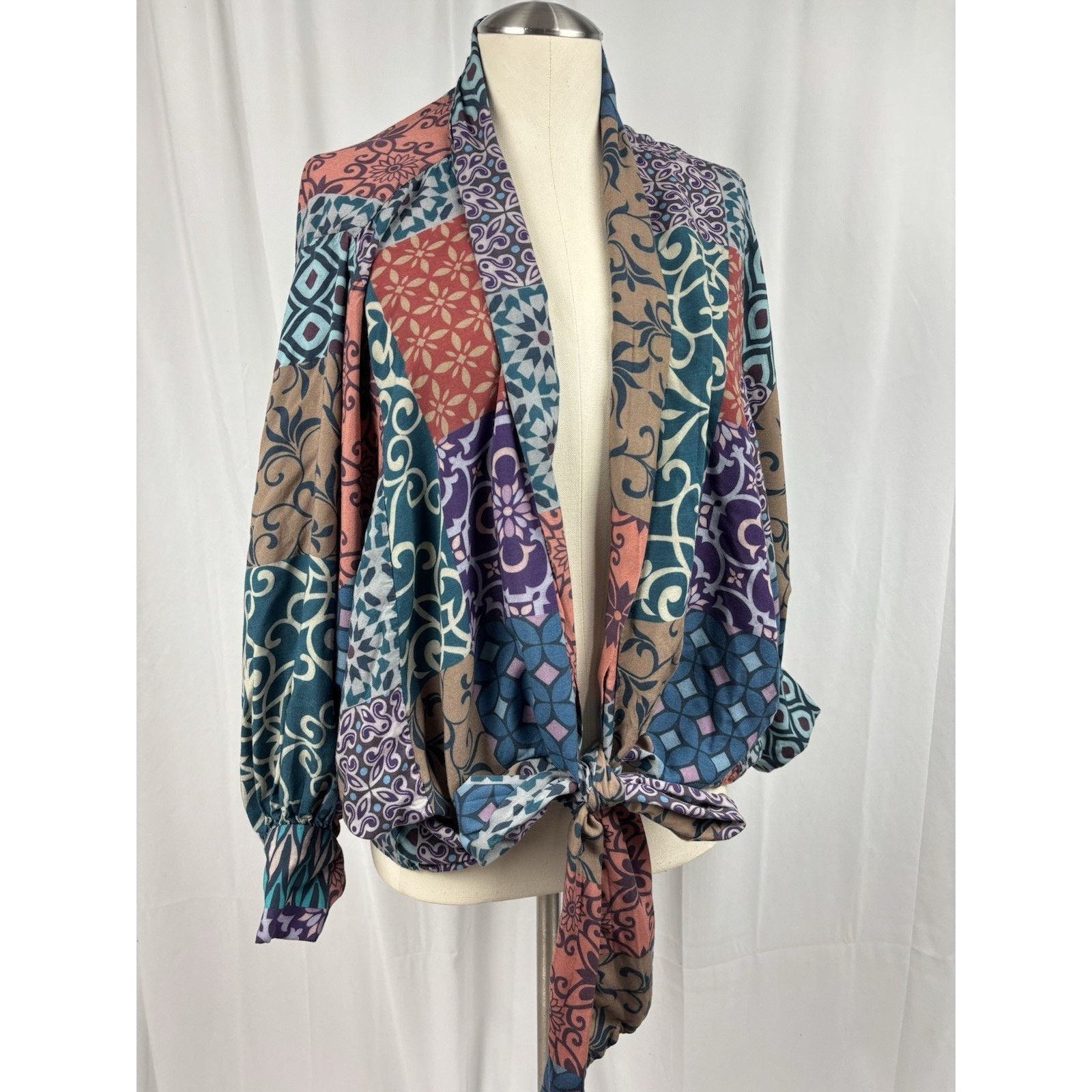 Other Mahila Kimono Wrap Top Patchwork Balloon Sleeve Tie Front OS Size ONE SIZE - 1 Thumbnail