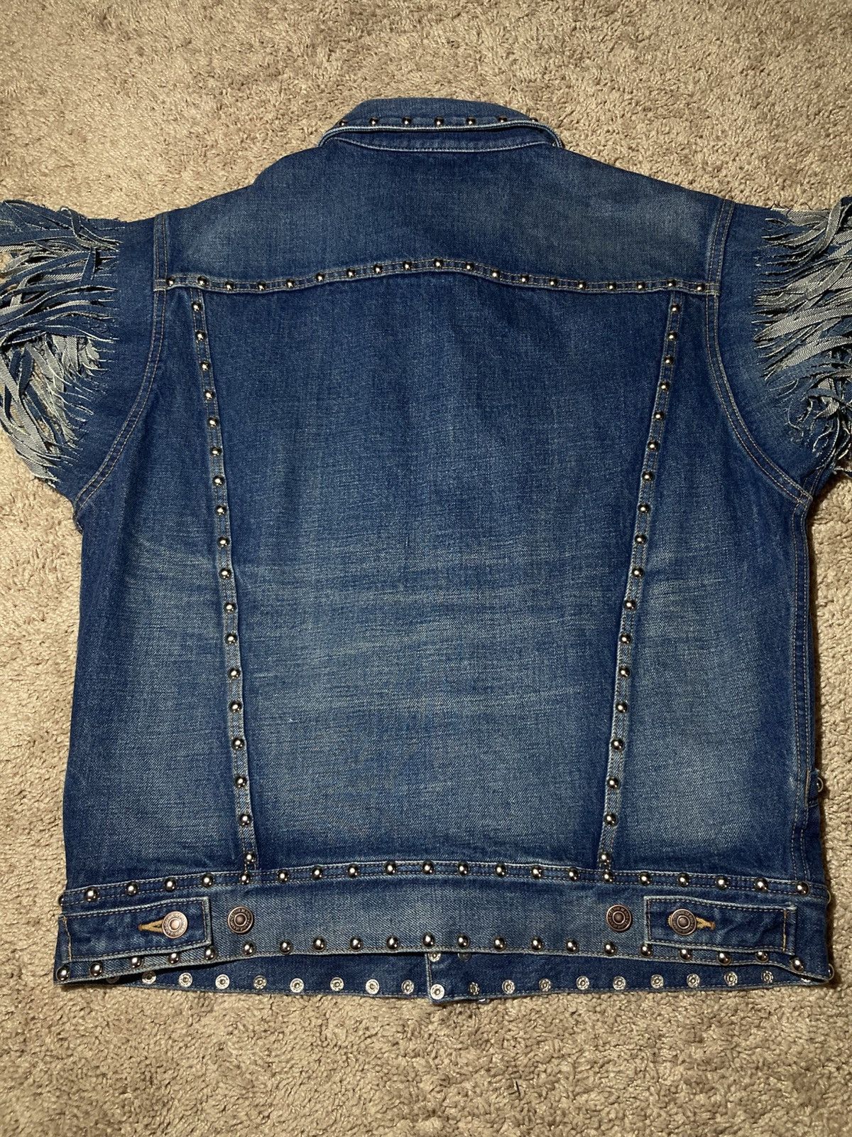 Celine × Hedi Slimane New SS23 Celine Cut Off Denim Jacket Studded Tassel Fringe Size US L / EU 52-54 / 3 - 10 Thumbnail