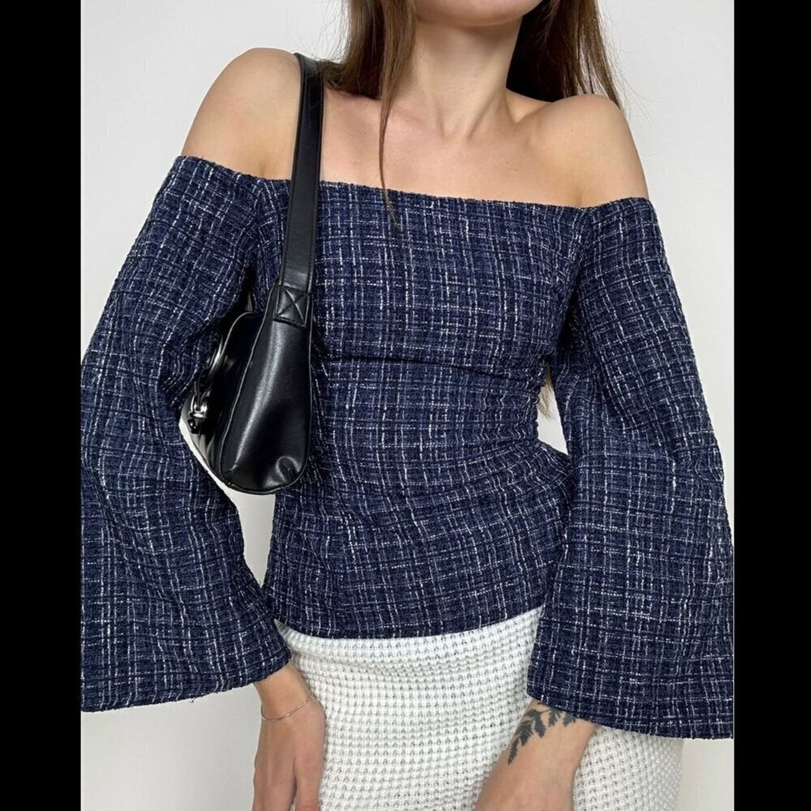 Zara Zara Navy Tweed Off Shoulder Top NWT M Size M / US 6-8 / IT 42-44 - 13 Thumbnail