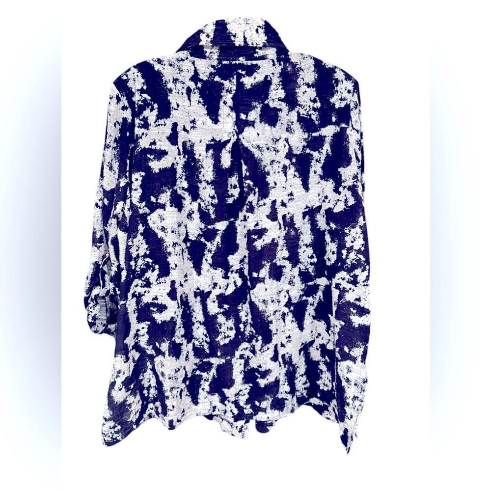 Designer Ming Wang Navy Blue and White Button Up Blouse size XL Size XL / US 12-14 / IT 48-50 - 1 Thumbnail