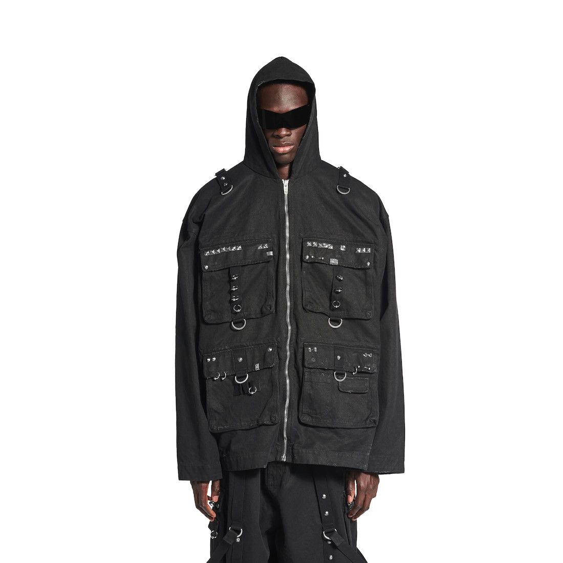 Balenciaga o1w1db10126 Hooded Studded Zip-Up Jacket in Black Size US L / EU 52-54 / 3 - 6 Thumbnail