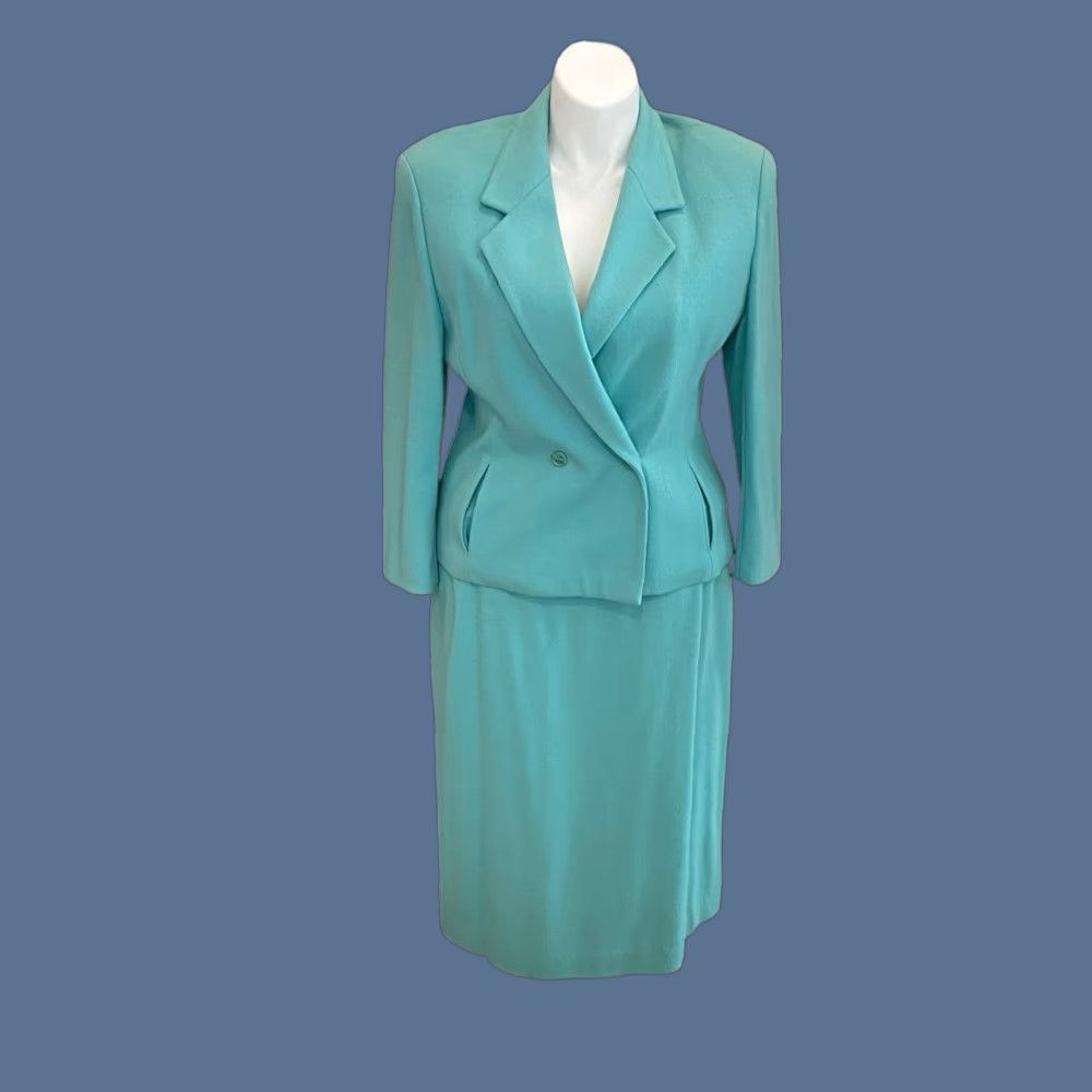Vintage VINTAGE Bleyle Blazer Skirt Set Wool Turquoise Classic Size 18 14 Top Women Sleeves Long Wool Felted Dry Clean Only Belted Collared Open Fall Winter Size XXL / US 16-18 / IT 52-54 - 1 Thumbnail
