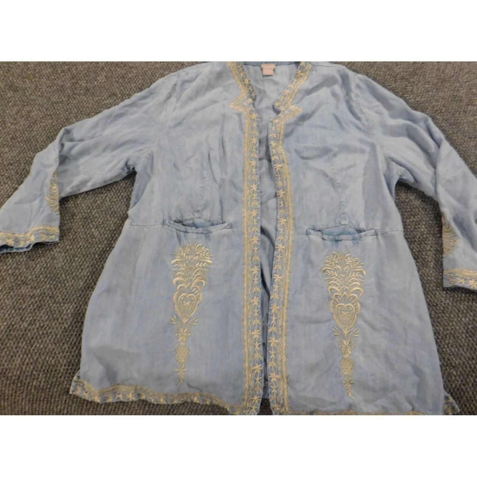 Vintage Chicos Womens Denim Kimono Blouse Open Crew Neck Long Sleeve Blue 3 Regular Cotton Denim Size XS / US 0-2 / IT 36-38 - 3 Thumbnail