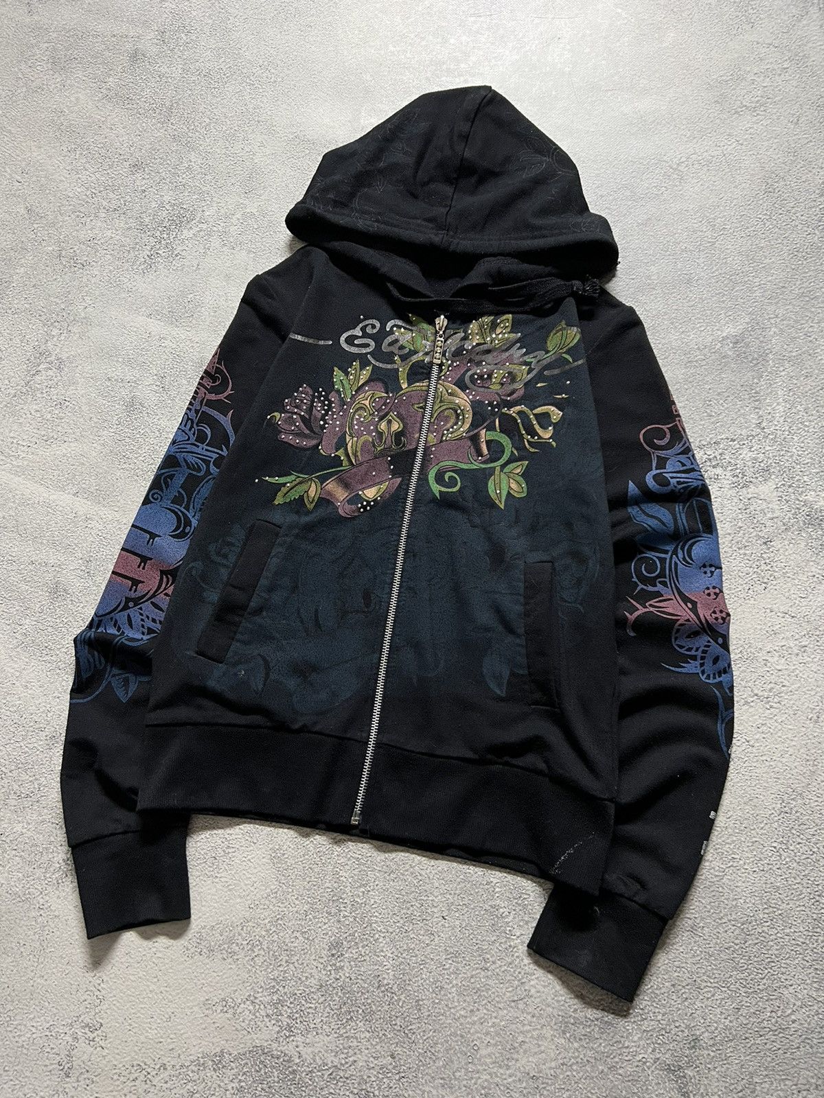 Vintage Y2k Ed Hardy ❤️‍🩹 All Over Print Zip Rare Hoodie 00’s