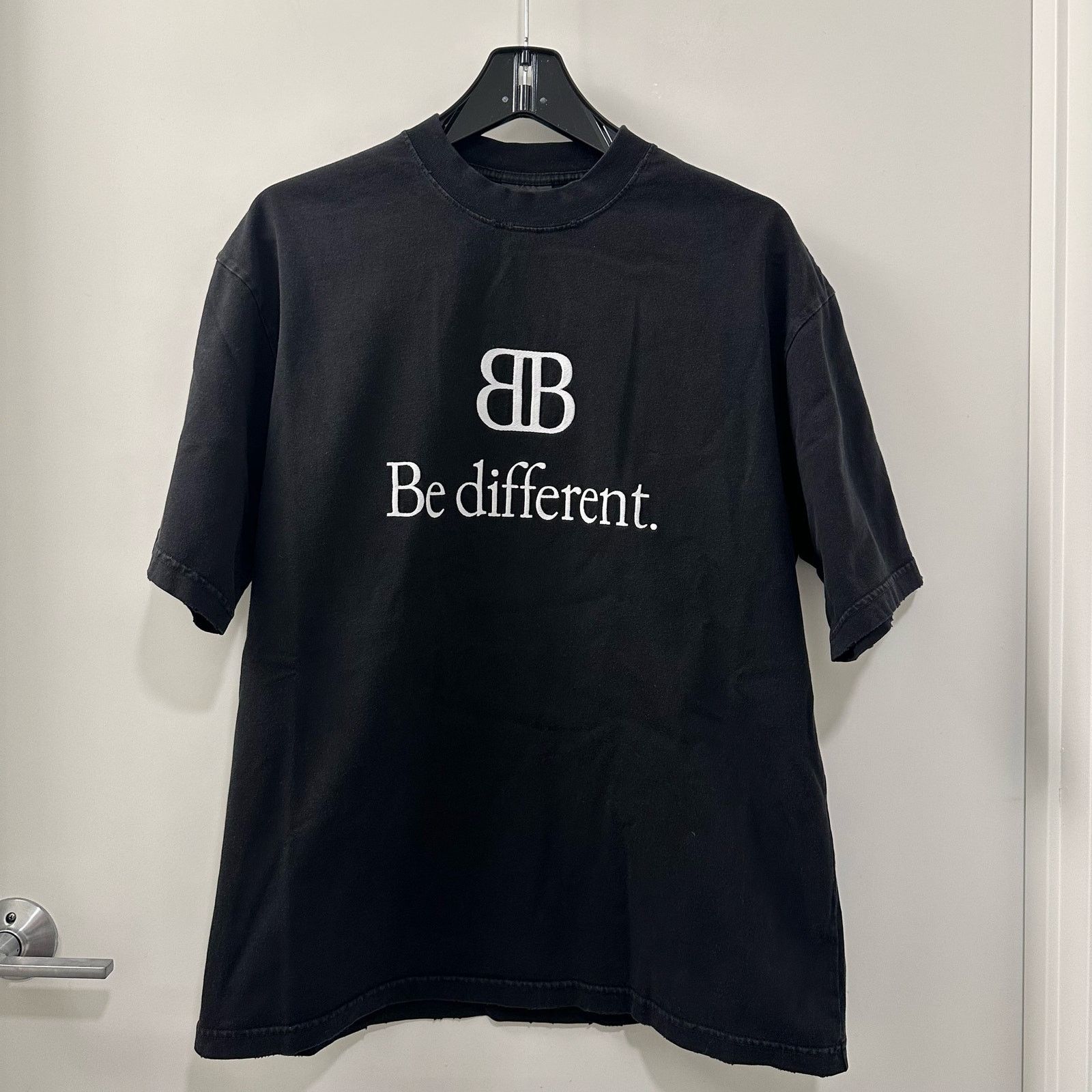 image of Balenciaga Xs - Be Different Distressed Embroidered Logo Bb T Shirt in Black, Men's