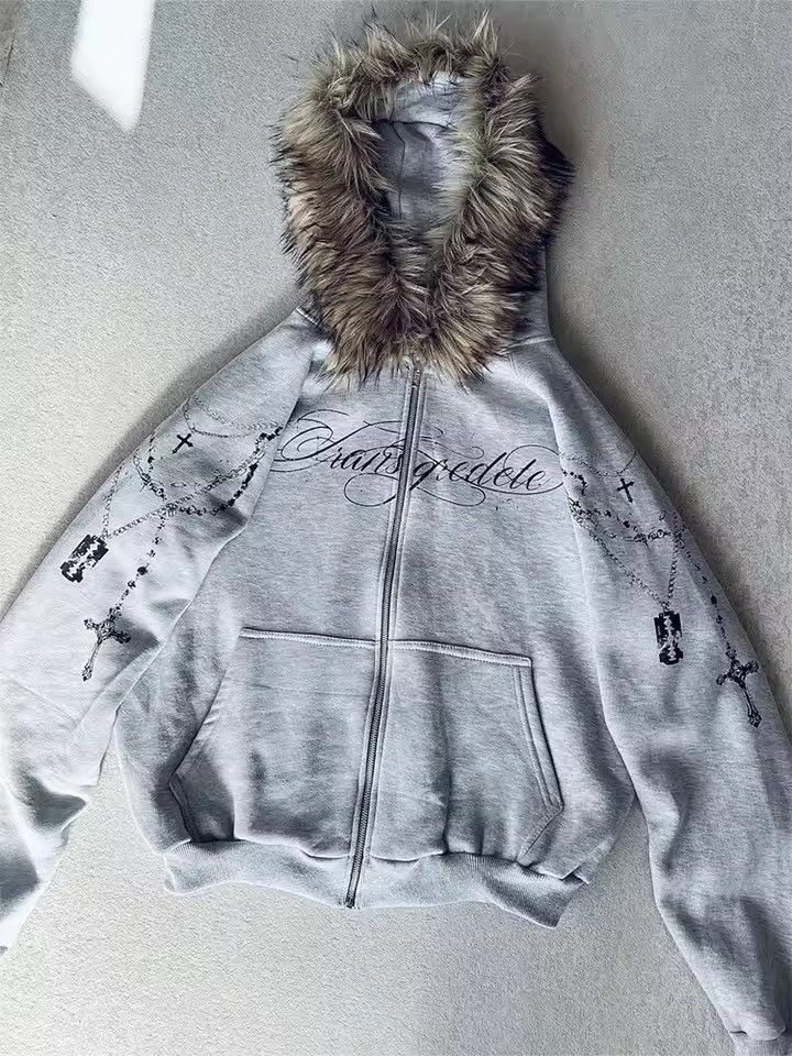 Other Faux Fur Hooded Jacket With Cross Print Trendy Edgy Size US L / EU 52-54 / 3 - 9 Thumbnail