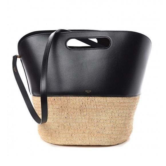 image of Celine Raffia Calfskin Basket Bag Natural Black, Women's