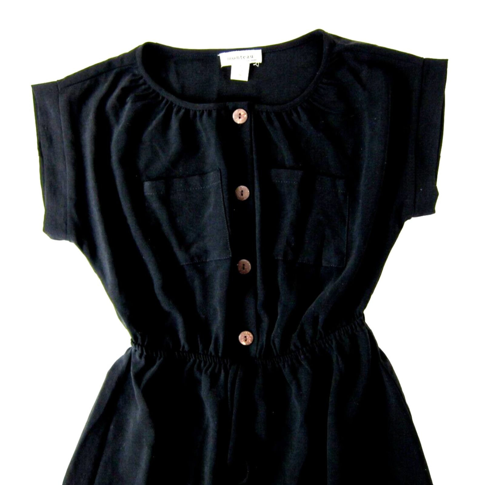 Vintage Monteau Black Stretch High Neck Short Sleeve Modest Tunic Sheath Dress Small Size 28" / US 6 / IT 42 - 4 Thumbnail