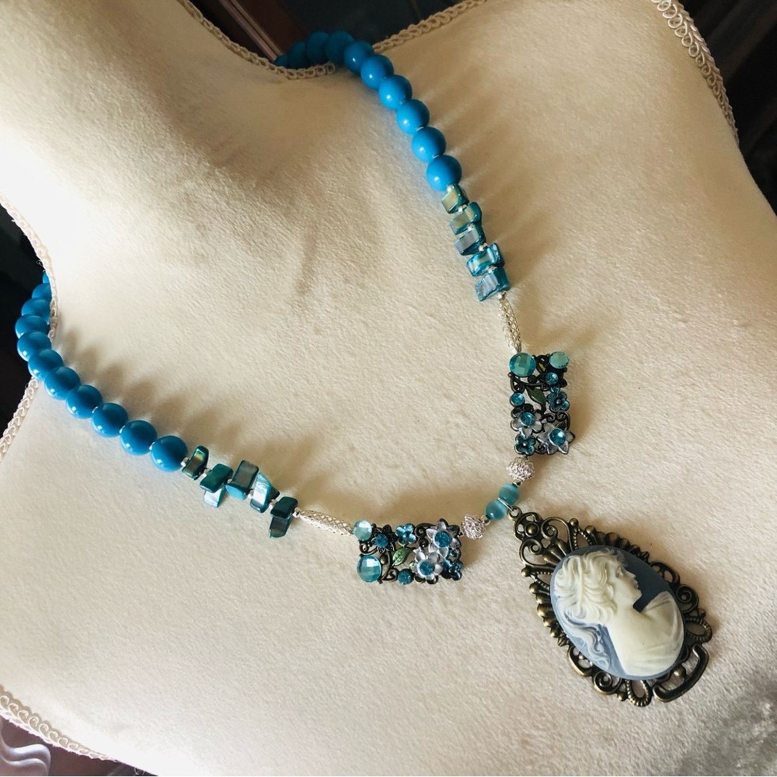 Handmade Handcrafted lady in blue mixed bead filigree cameo necklac Size ONE SIZE - 1 Thumbnail