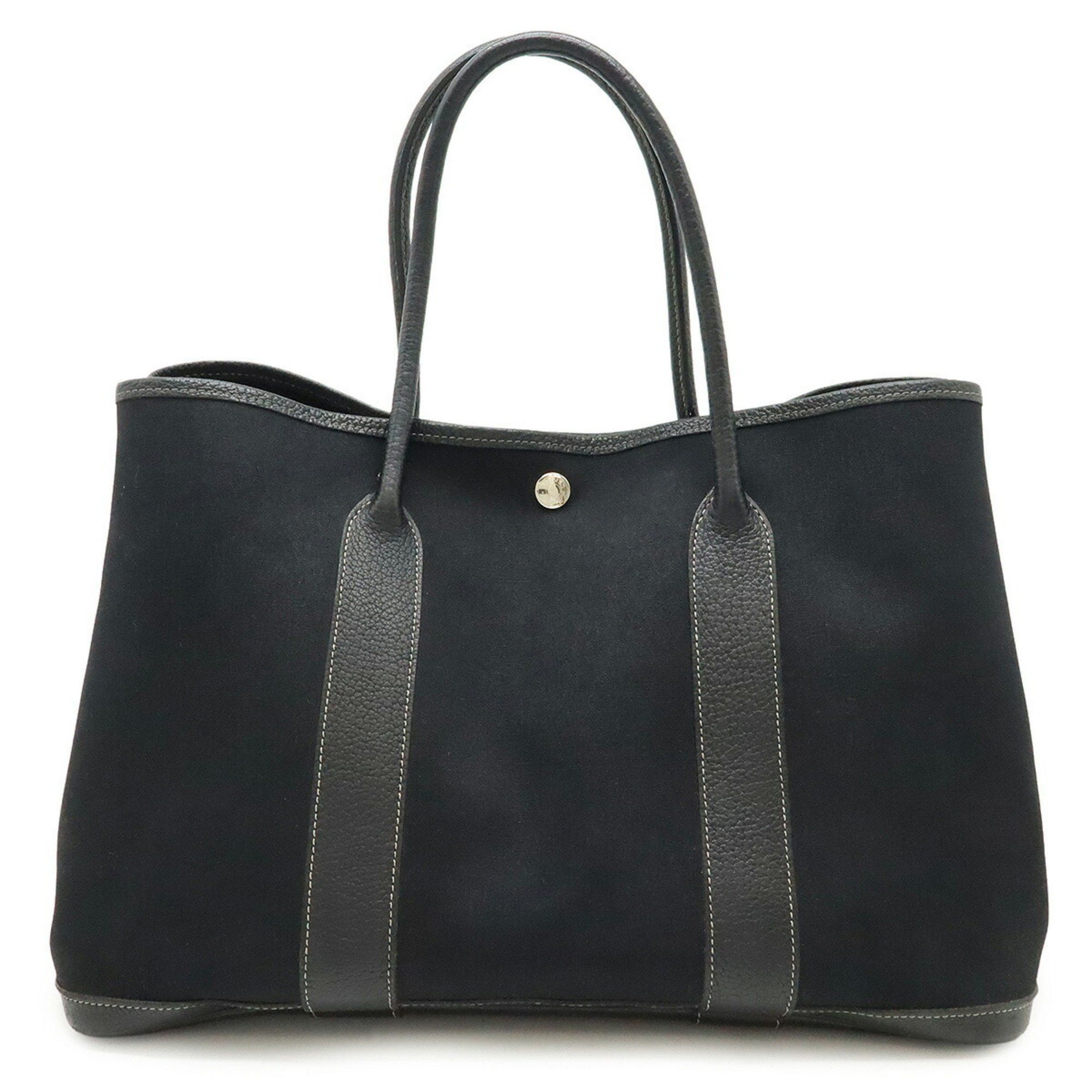 Hermes Garden Pm Tote Bag Handbag Toile Officier Canvas Leather Black, Women's