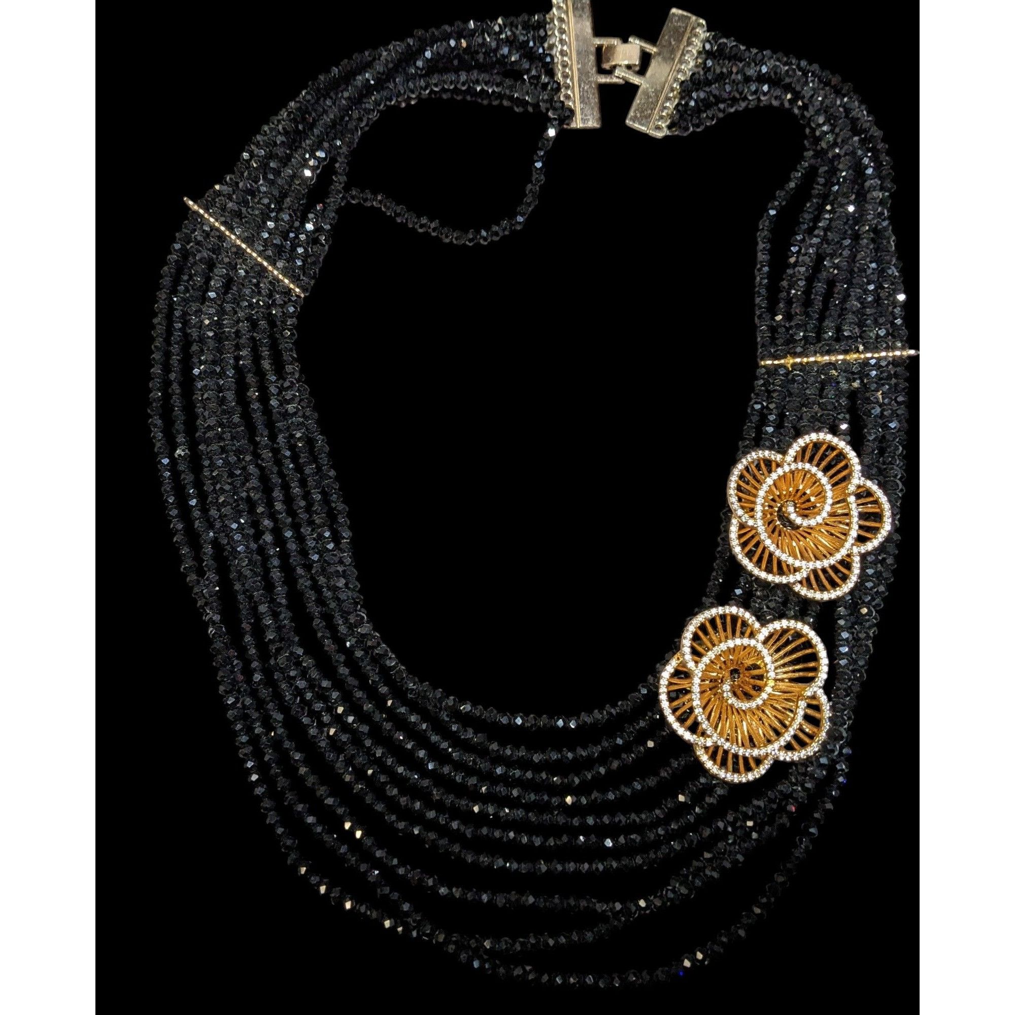 Other Vintage Glam Layered Black Glass Necklace With Gold Tone Flo Size ONE SIZE - 1 Thumbnail