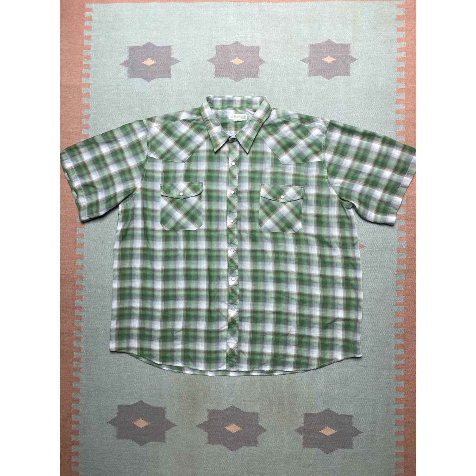 Haband VINTAGE 80s Haband Pearl Snap Shirt Shadow Plaid Green Lightweight Short Sleeve 2XL Mens Size US XXL / EU 58 / 5 - 2 Thumbnail