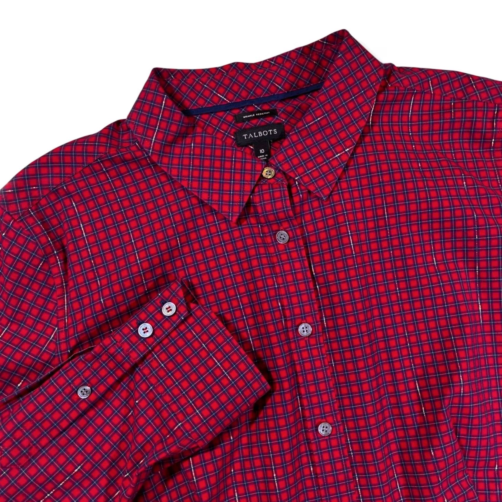 Talbots Talbots Red Plaid Button Down Shirt Women's 10 Wrinkle Resistant Metallic Size L / US 10 / IT 46 - 2 Thumbnail