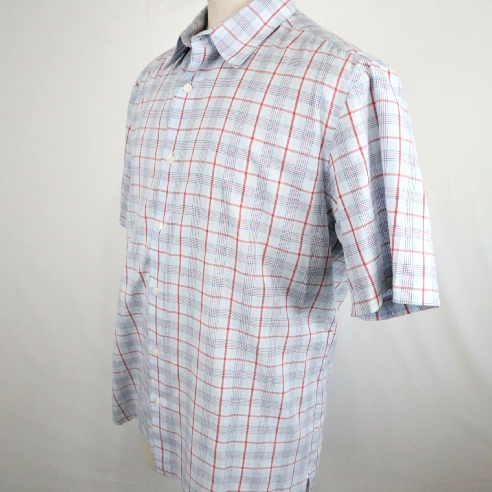 Vintage John Ashford Shirt Mens Large Blue Plaid Business Casual Button Up Short Sleeve Size US L / EU 52-54 / 3 - 6 Thumbnail