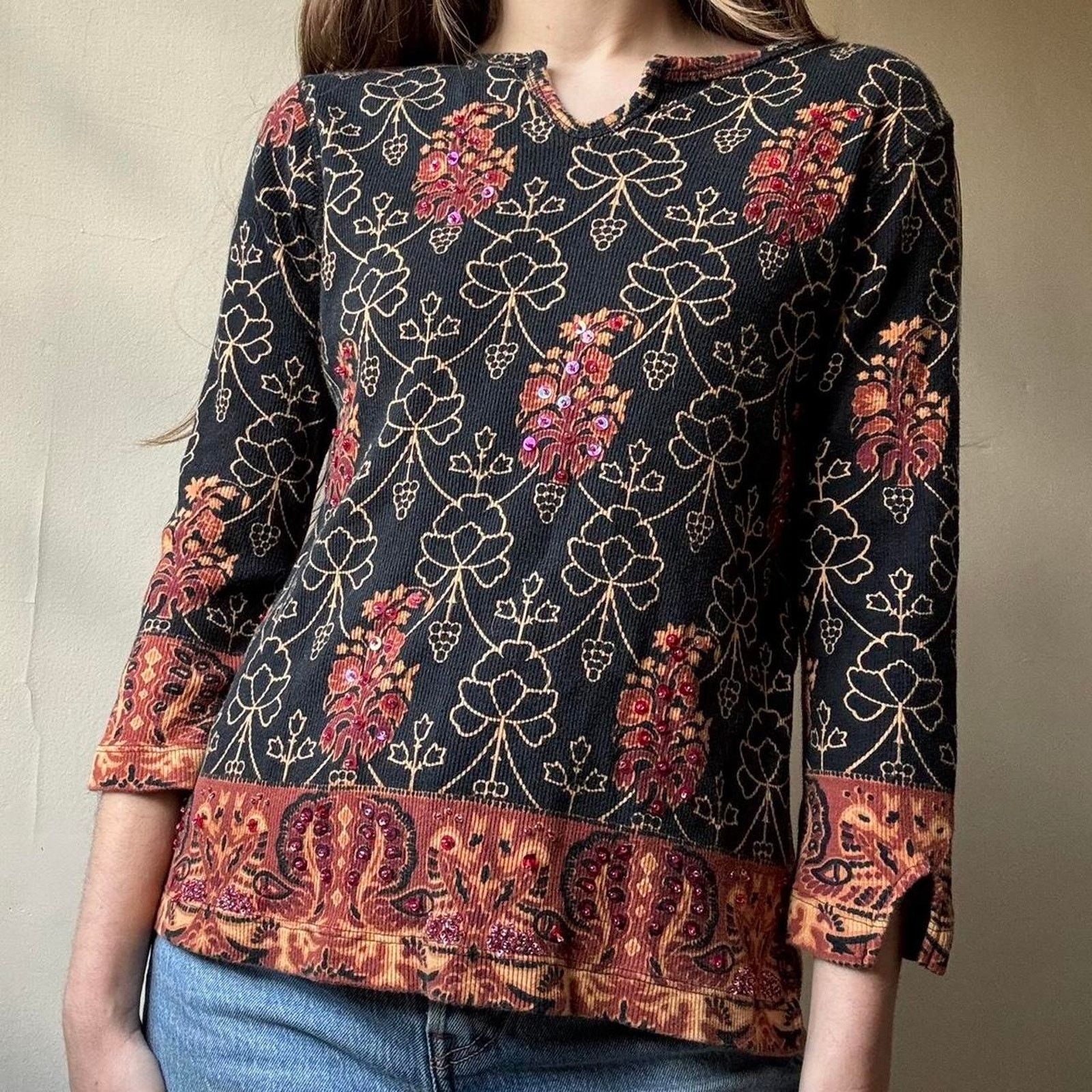 Vintage Vintage White Stag Sequined 3/4 Sleeve T-Shirt Medium Cotton Size M / US 6-8 / IT 42-44 - 1 Thumbnail