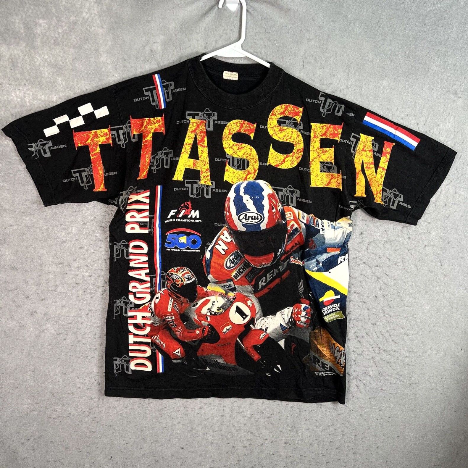 image of Gloverall Vintage Dutch Tt Assen Motorcycle Racing All Over Print T Shirt Adult XL Black in White