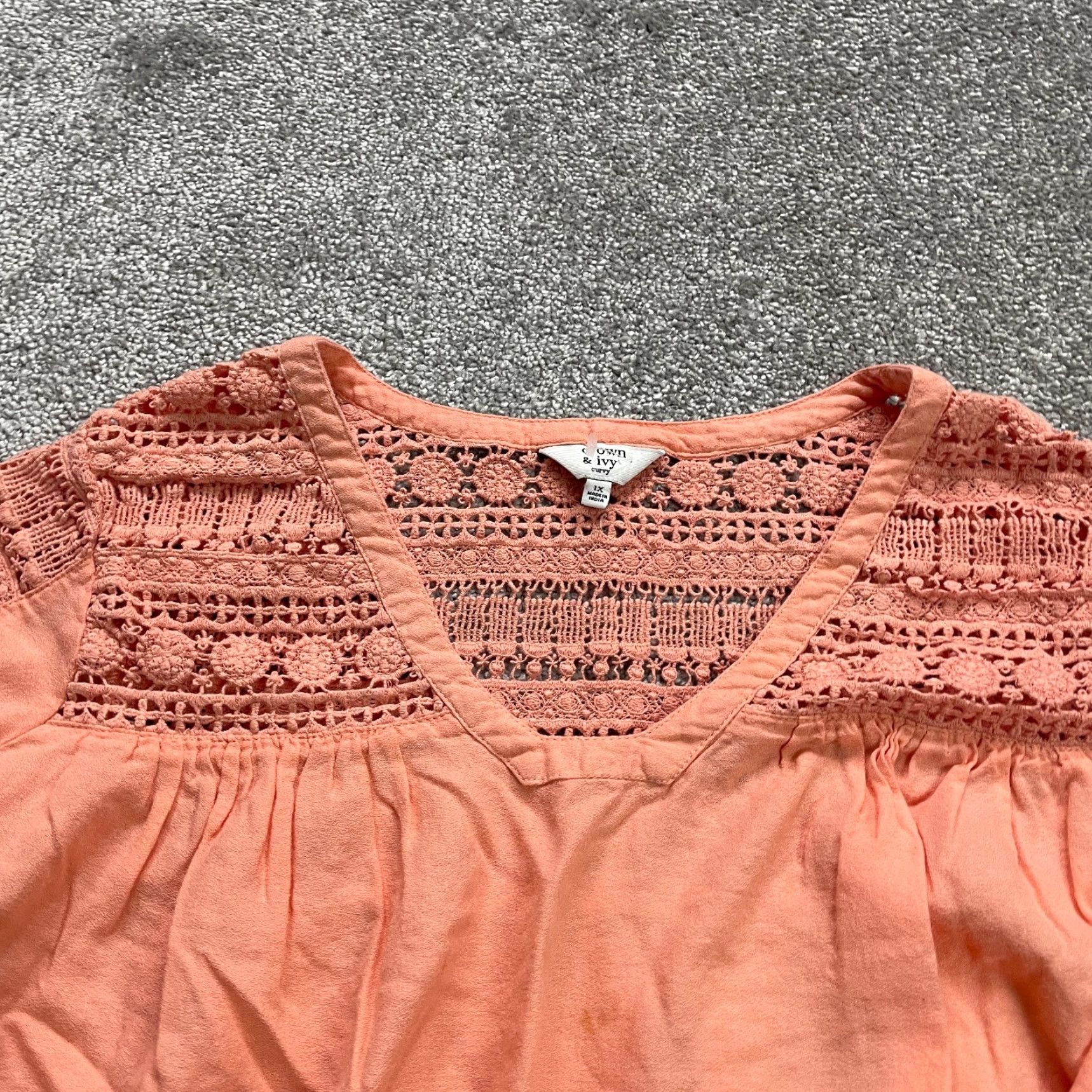 Vintage Crown & Ivy Blouse Womens XL Orange Crochet Bell Sleeve V-Neck Tunic Top Casual Womens Size XL / US 12-14 / IT 48-50 - 3 Thumbnail