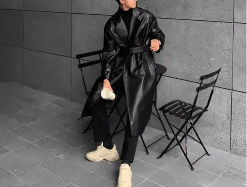 Designer Korean style Long Black Faux Leather trench coat Size US L / EU 52-54 / 3 - 6 Thumbnail
