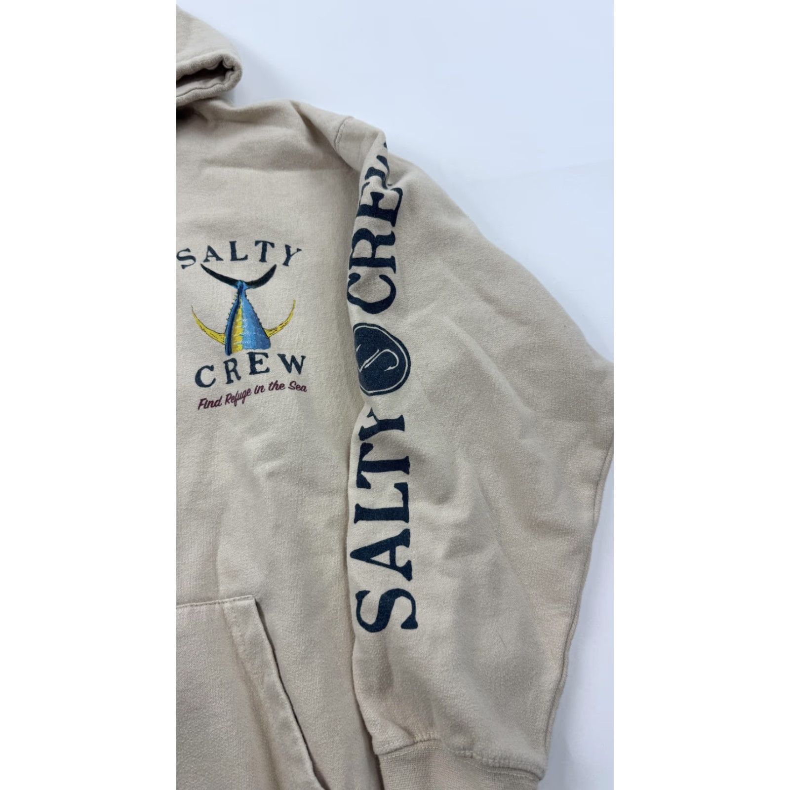 Vintage VINTAGE Salty Crew Hoodie Mens M Tan Pullover Graphic Find Refuge in the Sea Back Fish Tail Logo Pockets Hooded Size US M / EU 48-50 / 2 - 4 Thumbnail
