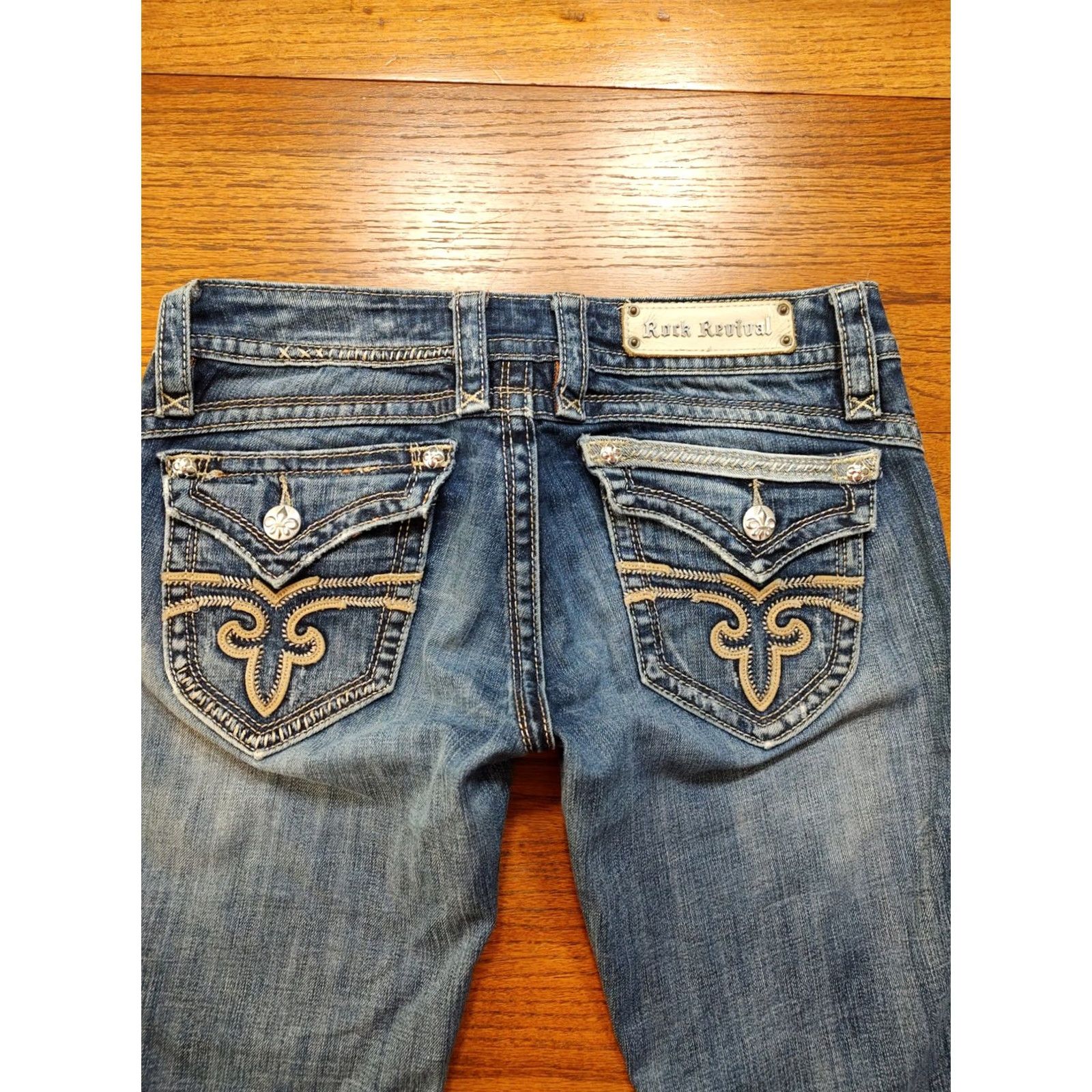 Vintage VINTAGE Rock Revival Gwen Skinny Jeans Denim Blue Thick Stitch Button Flap Womens 29x34 Size 29" - 3 Thumbnail