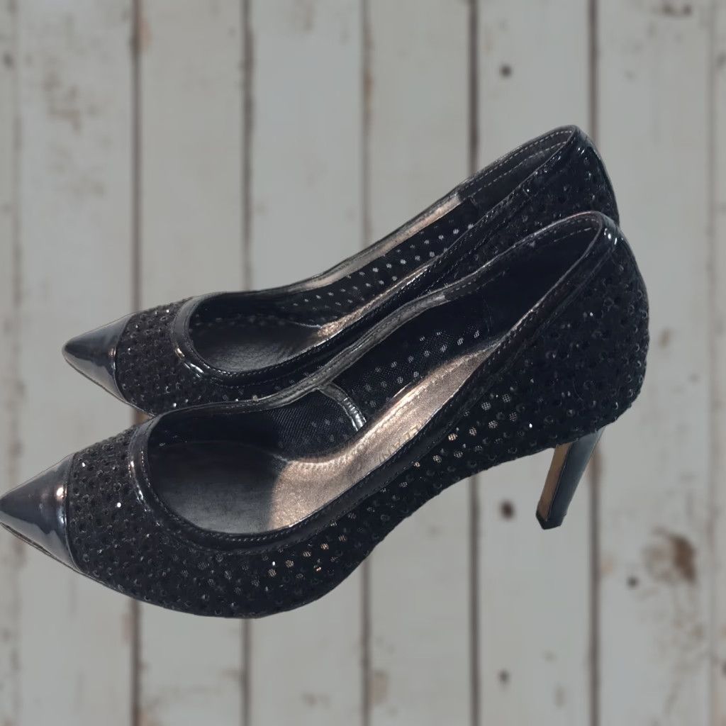 Vintage VINTAGE Antonio Melani Black Leather Sequin Pump Women's Size 6M High Heel 3.5in Stiletto Pointed Toe Going Out Size US 6 / IT 36 - 1 Thumbnail