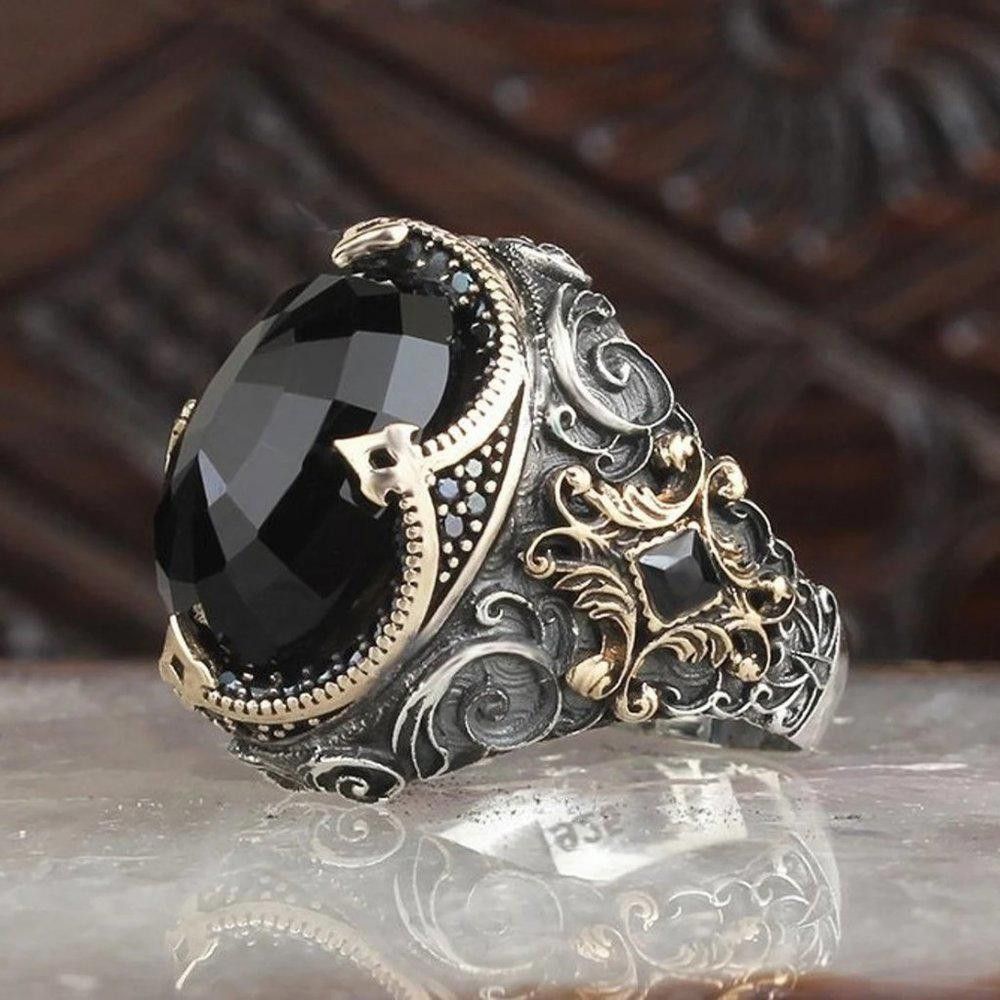 Designer Men's 925 Sterling Silver Black Diamond Handmade Ring Size ONE SIZE - 2 Thumbnail