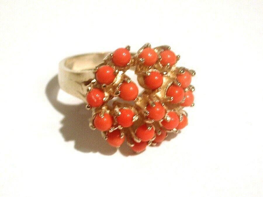 Designer Cluster 18kt Gold Vermeil Silver Cocktail Ring Red Coral Size ONE SIZE - 2 Thumbnail
