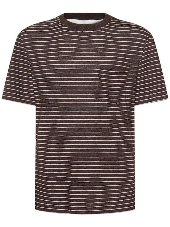 Brunello Cucinelli o1lsvrm0425 Striped Linen T-Shirt in Testa Di Moro/B Size US S / EU 44-46 / 1 - 1 Thumbnail