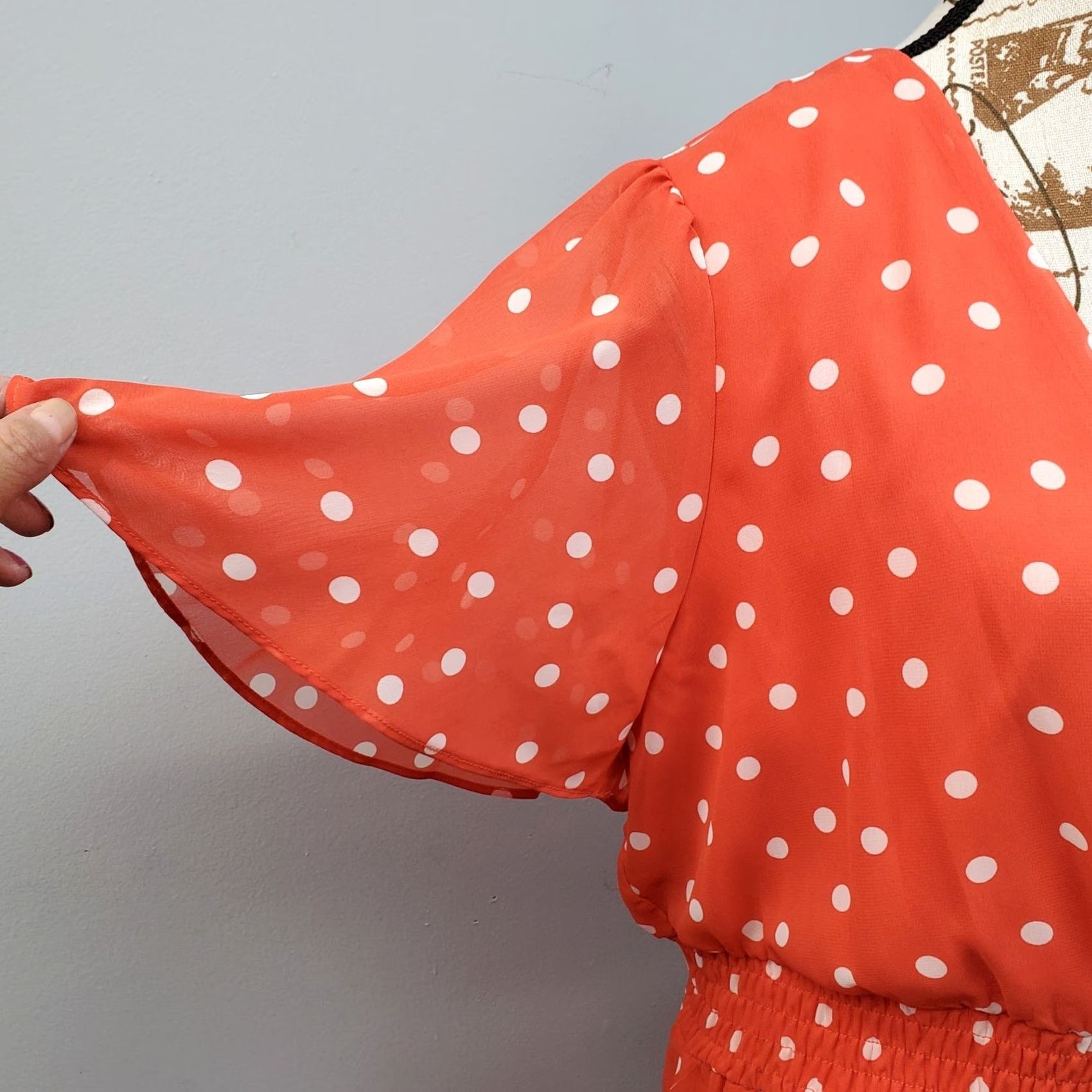 Vintage Danny & Nicole Womens Dress 16 Orange White Polka Dot Smocked Waist Midi Short Sleeve Flutter Sleeve V-Neck Dress Size XXL / US 16-18 / IT 52-54 - 7 Thumbnail