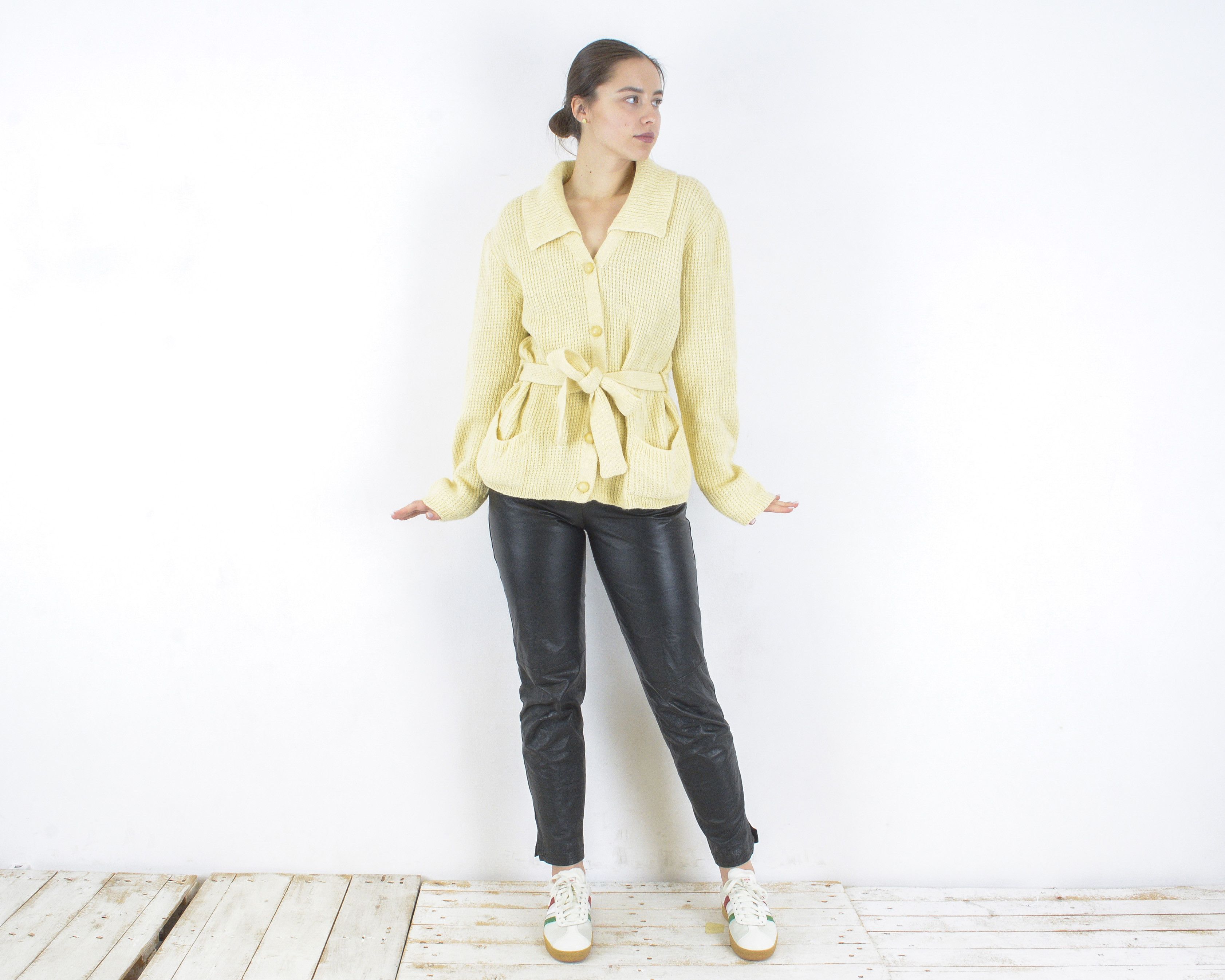 Other × Vintage XL Wool Cardigan Sweater Jumper Cable Knit Button Up Belted Size XL / US 12-14 / IT 48-50 - 1 Thumbnail