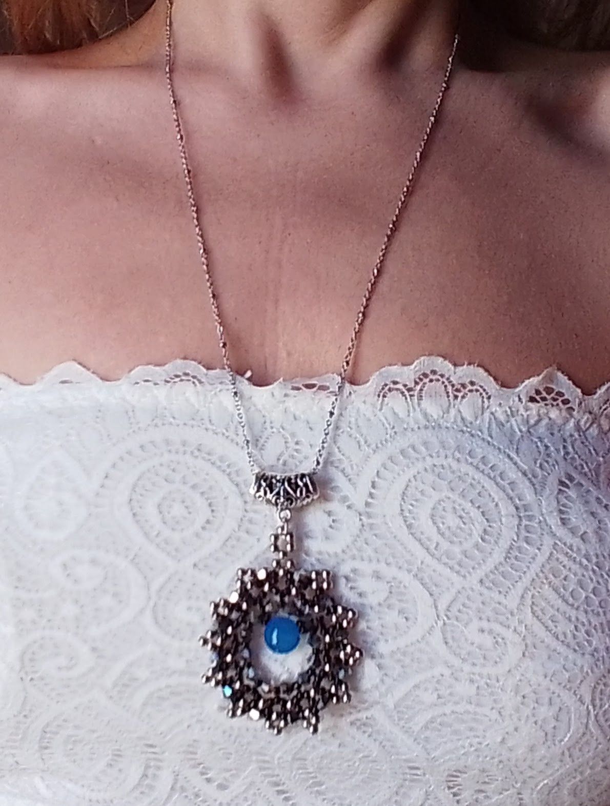 Handmade Long Necklace Rhodium plated. Blue Agate gemstone pendant Size ONE SIZE - 5 Thumbnail