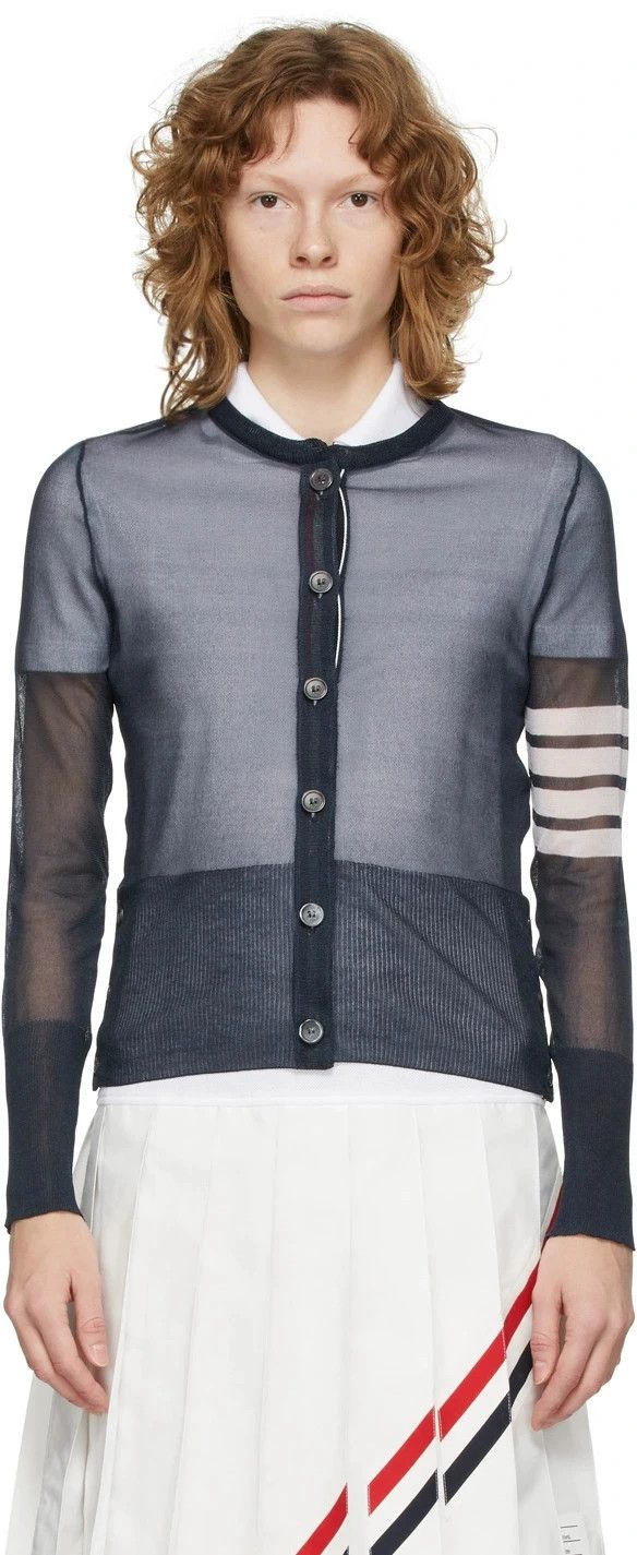 Thom browne Dark blue 4-striped silk cardigan jacket 2503-N