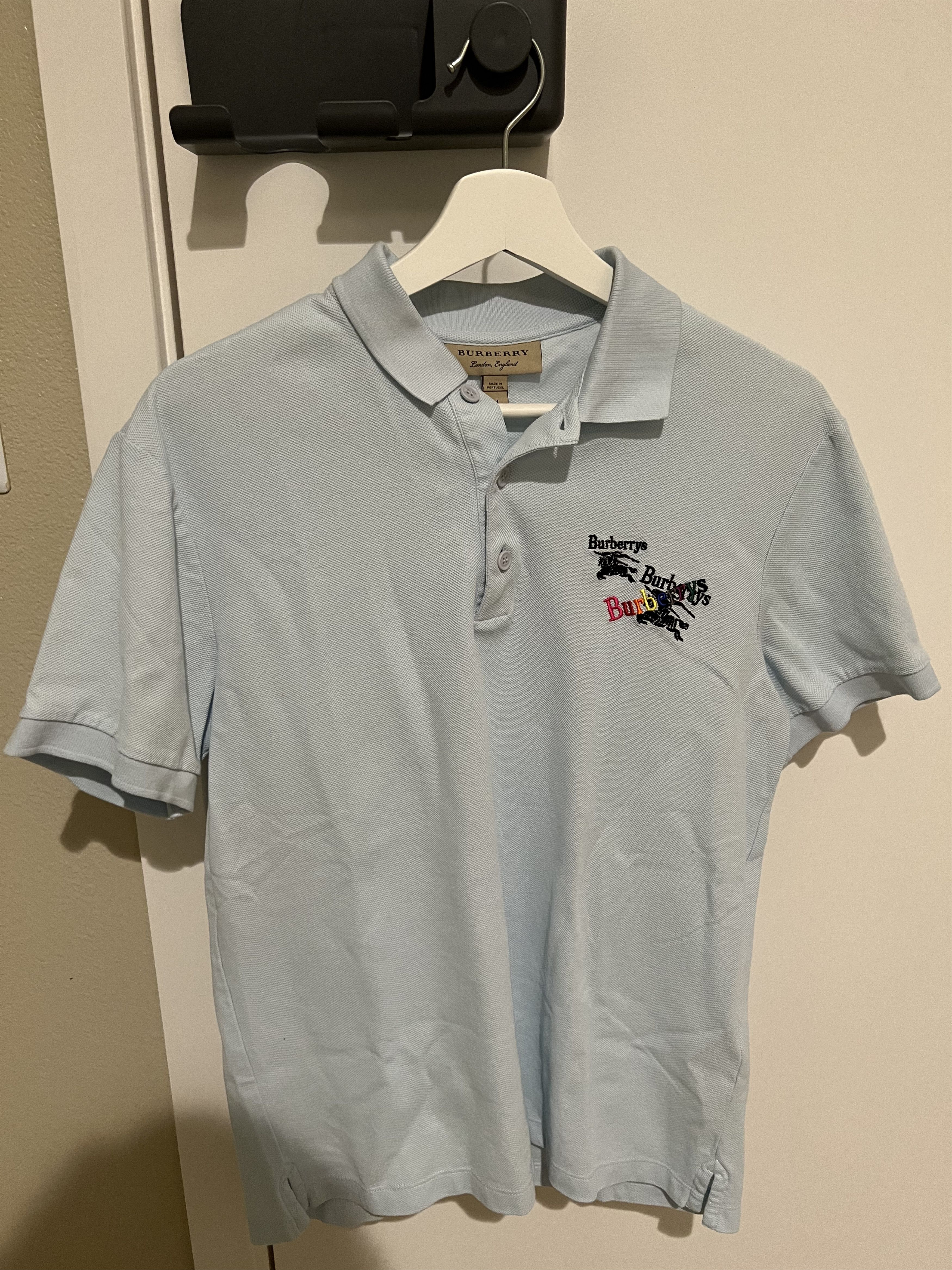 image of Burberry Logo Embroidered Cotton Pique Polo in Light Blue, Men's (Size Medium)