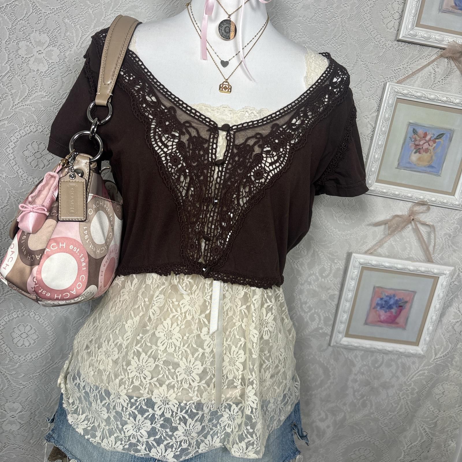 Other y2k brown lace fairy core cardigan Size L / US 10 / IT 46 - 2 Thumbnail