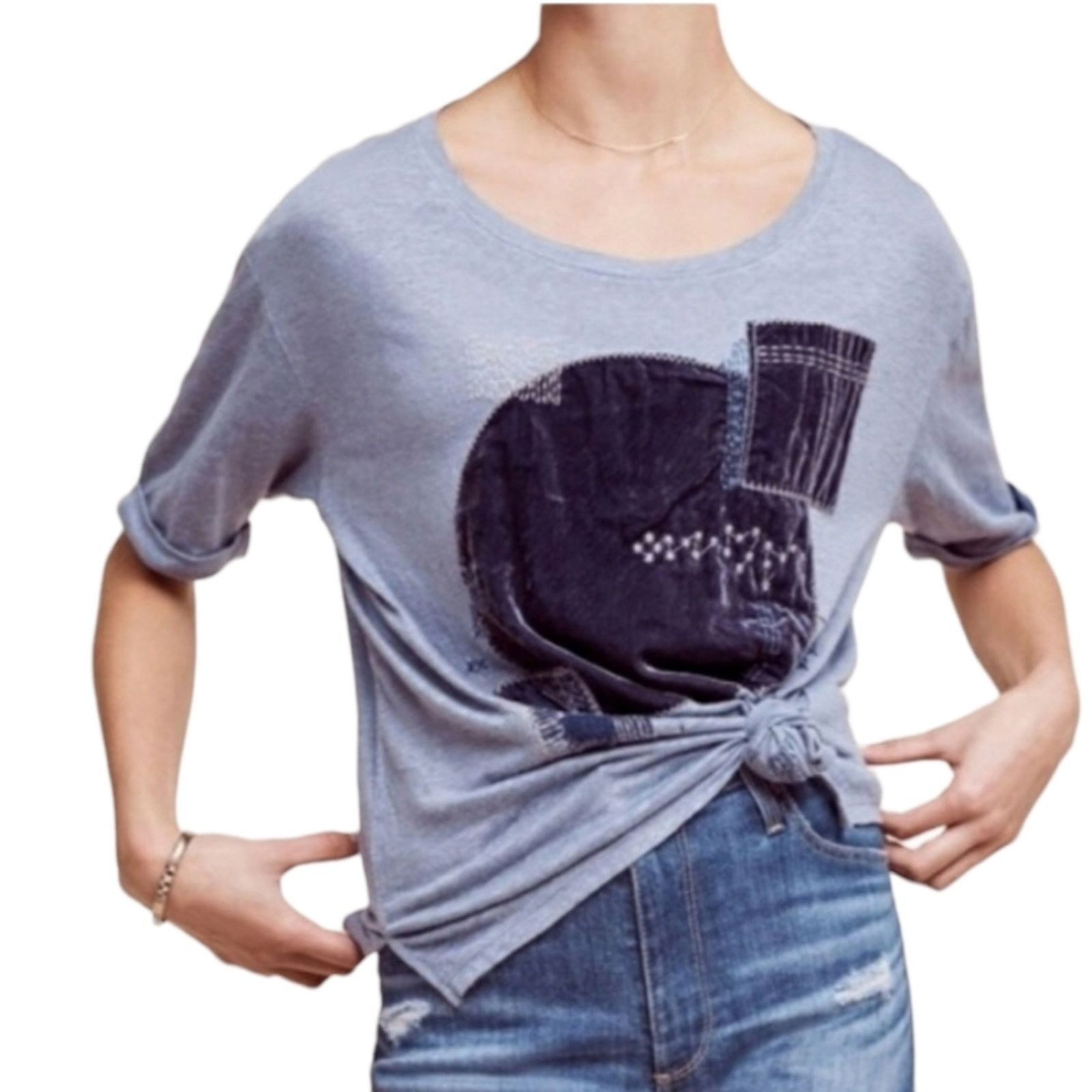 Anthropologie Anthropologie Akemi + Kin Linen Velvet Patchwork Tee XS Size XS / US 0-2 / IT 36-38 - 2 Thumbnail
