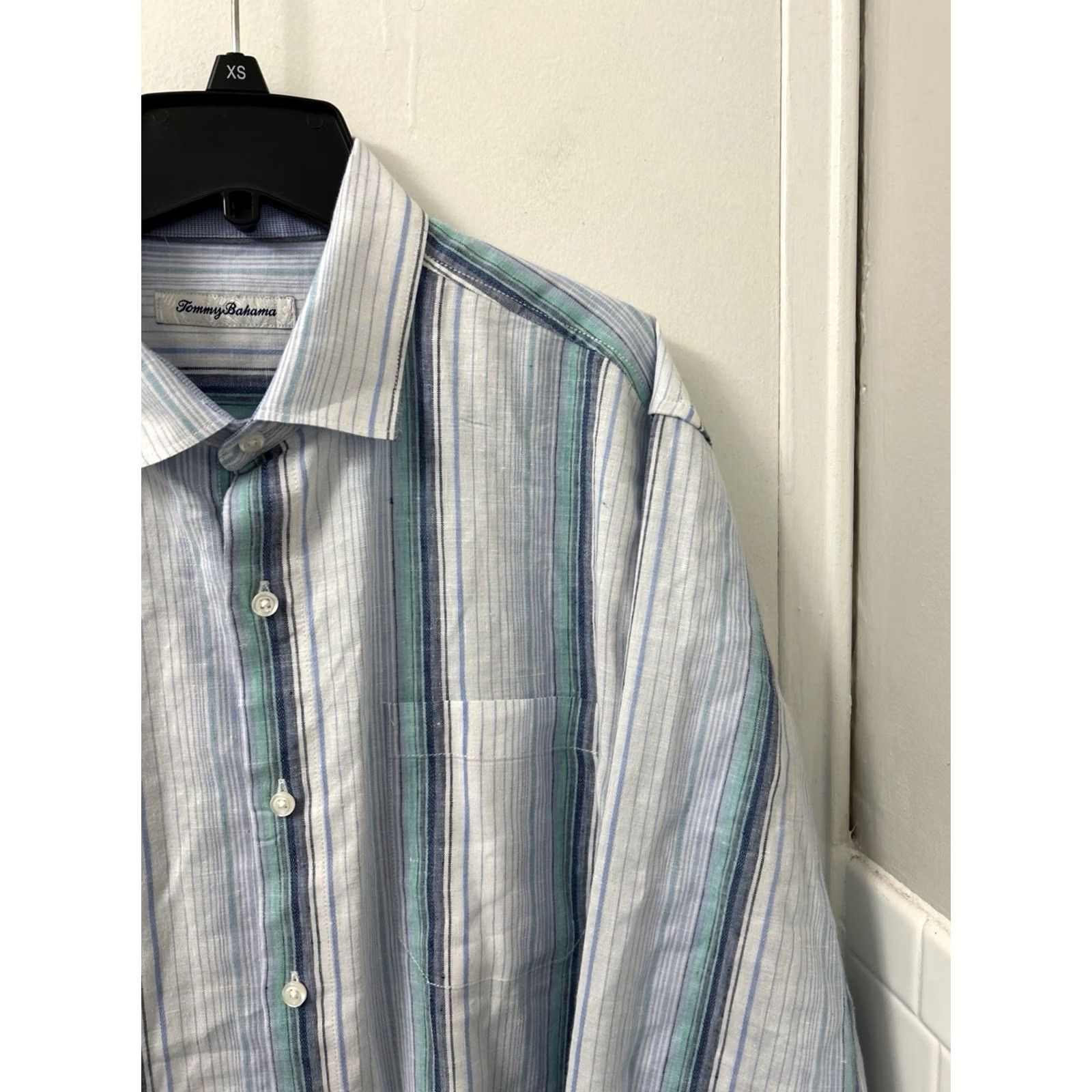Tommy Bahama Tommy Bahama Shirt Mens Large White Blue Striped Linen Blend Button Down L/S Size US L / EU 52-54 / 3 - 4 Thumbnail