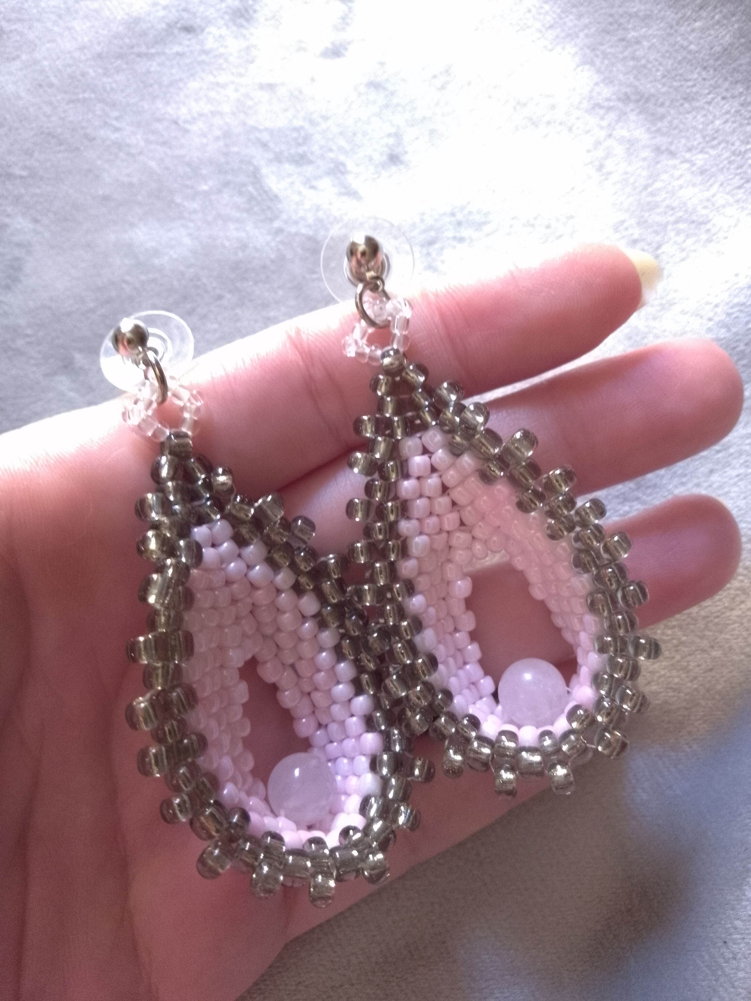 Handmade Earrings Long Dangle Leafy Rose quartz gemstones Size ONE SIZE - 1 Thumbnail