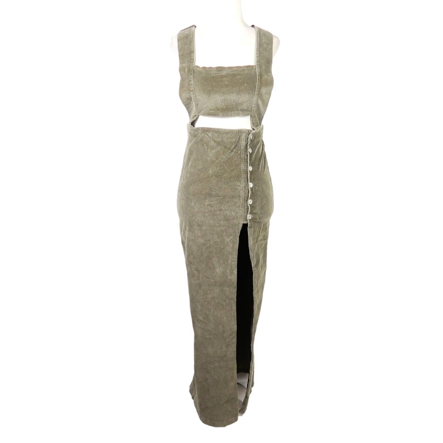 Olive Nightwalker Corduroy Jumper Overall Pinafore Midi Dress XS Olive Green Sleeveless Button Front Low/High Slit Womens Dress: Formal Party/Cocktail Size XS / US 0-2 / IT 36-38 - 2 Thumbnail