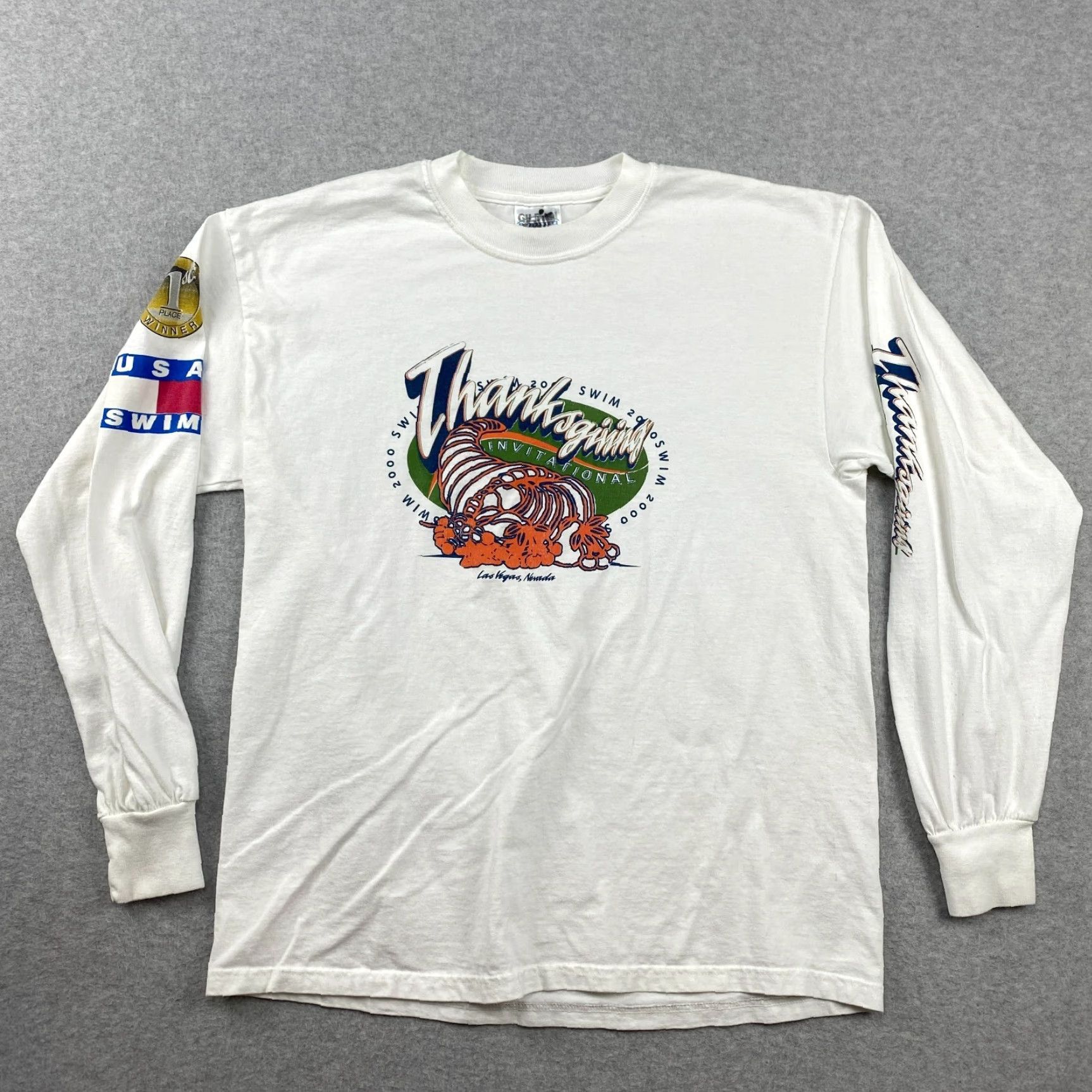 Gildan VTG Y2K Las Vegas Thanksgiving Swim Invitational Shirt Mens Large Double-Sided Gildan Ultra Cotton Multicolor Long Sleeve Crew Neck T-Shirt Size US L / EU 52-54 / 3 - 2 Thumbnail