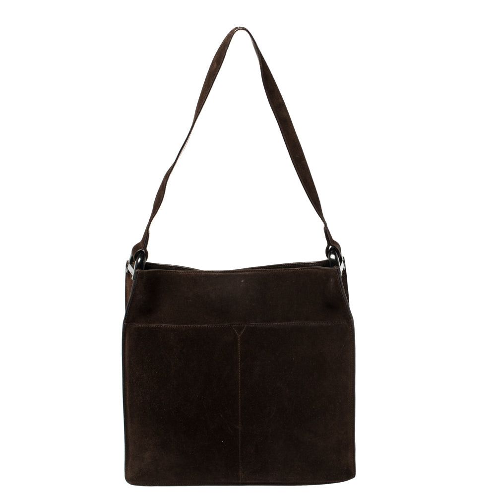 image of Gucci Mocha Brown Suede Vintage Double Pocket Shoulder Bag in Black, Women's