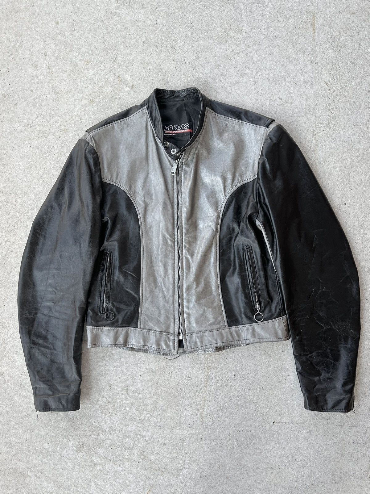 image of Schott x Vanson Leathers 1980’S Vintage Brooks Leather Moto Cafe Jacket in Black/Silver (Size Mediu