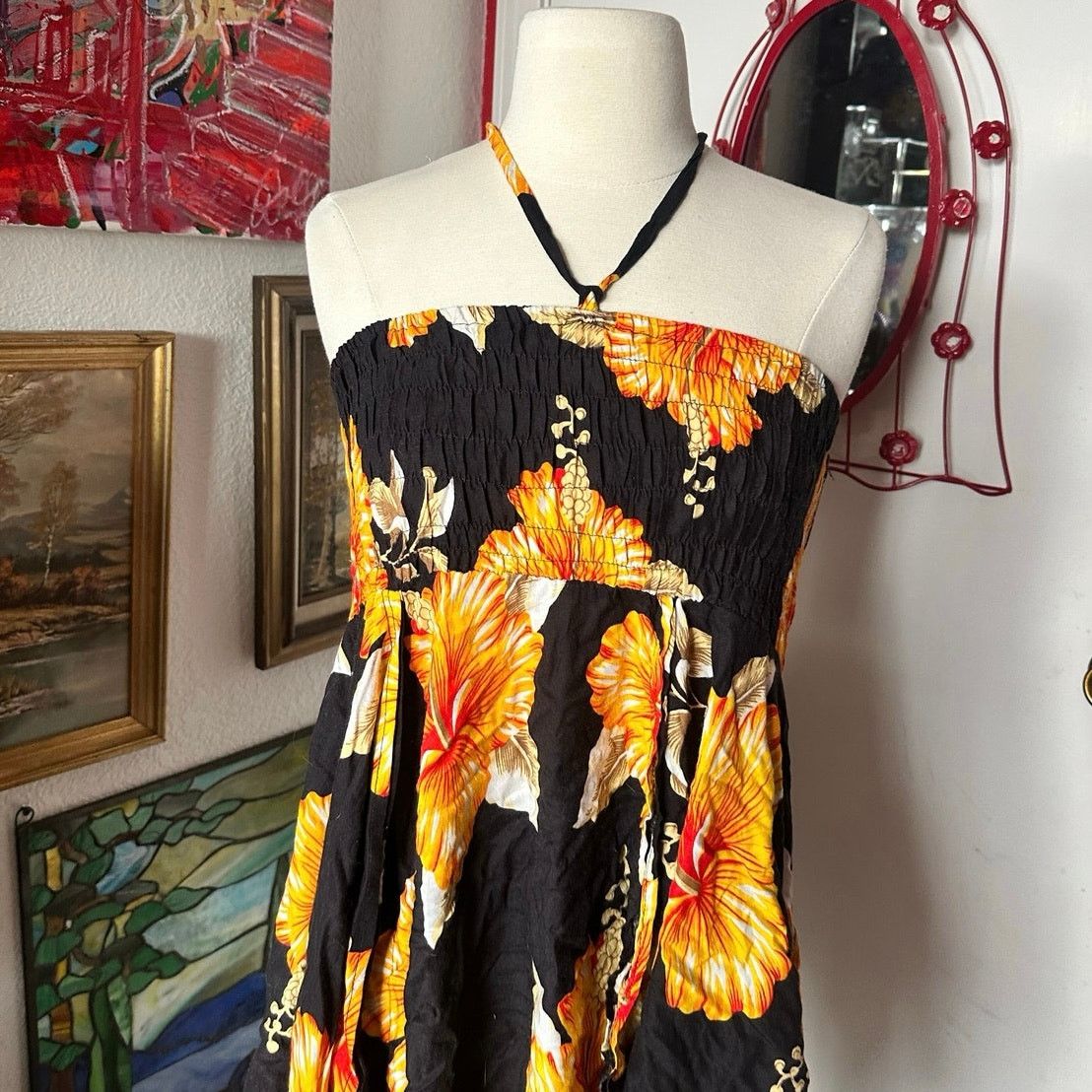 Other no brand yellow black halter hawaiian flower top / dress Size M / US 6-8 / IT 42-44 - 2 Thumbnail