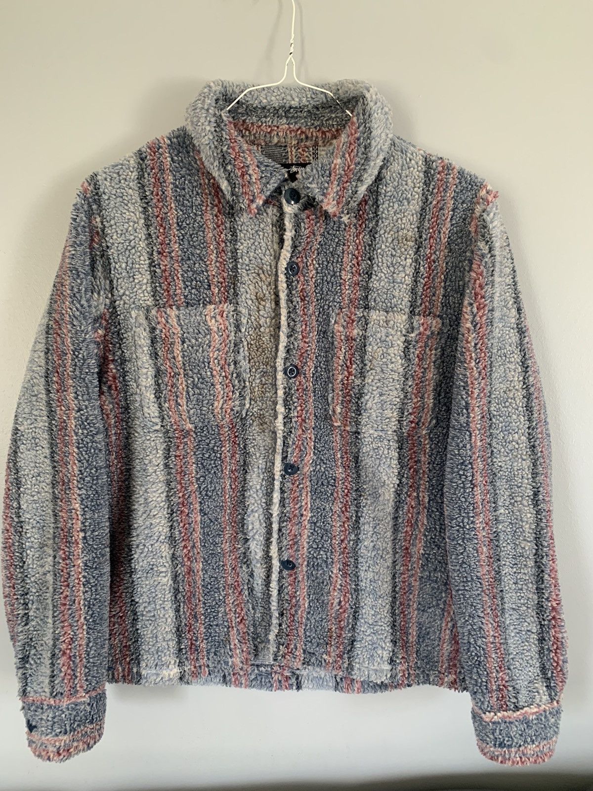 image of Stussy Stripe Sherpa Button Up Shirt Jacket, Men's (Size Small)