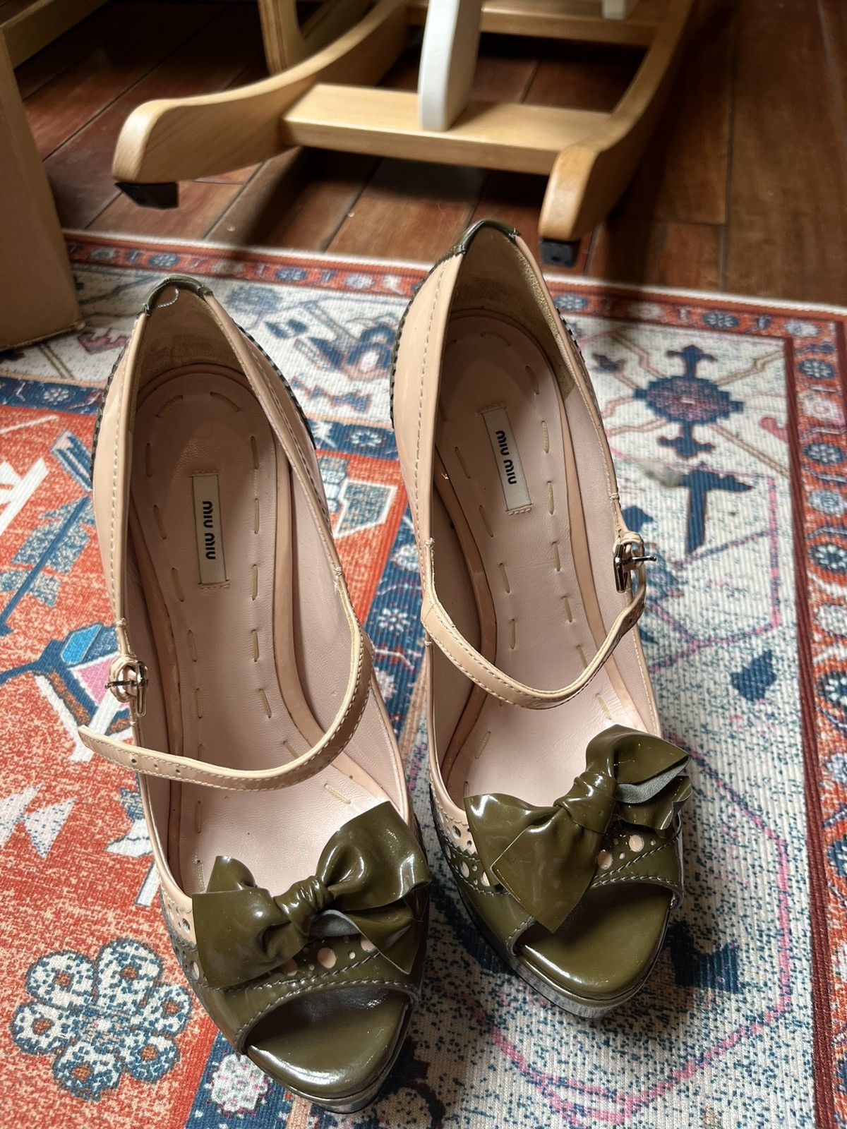 Miu Miu Miu Miu cream and moss green Mary Jane platform heels Size US 6 / IT 36 - 2 Thumbnail