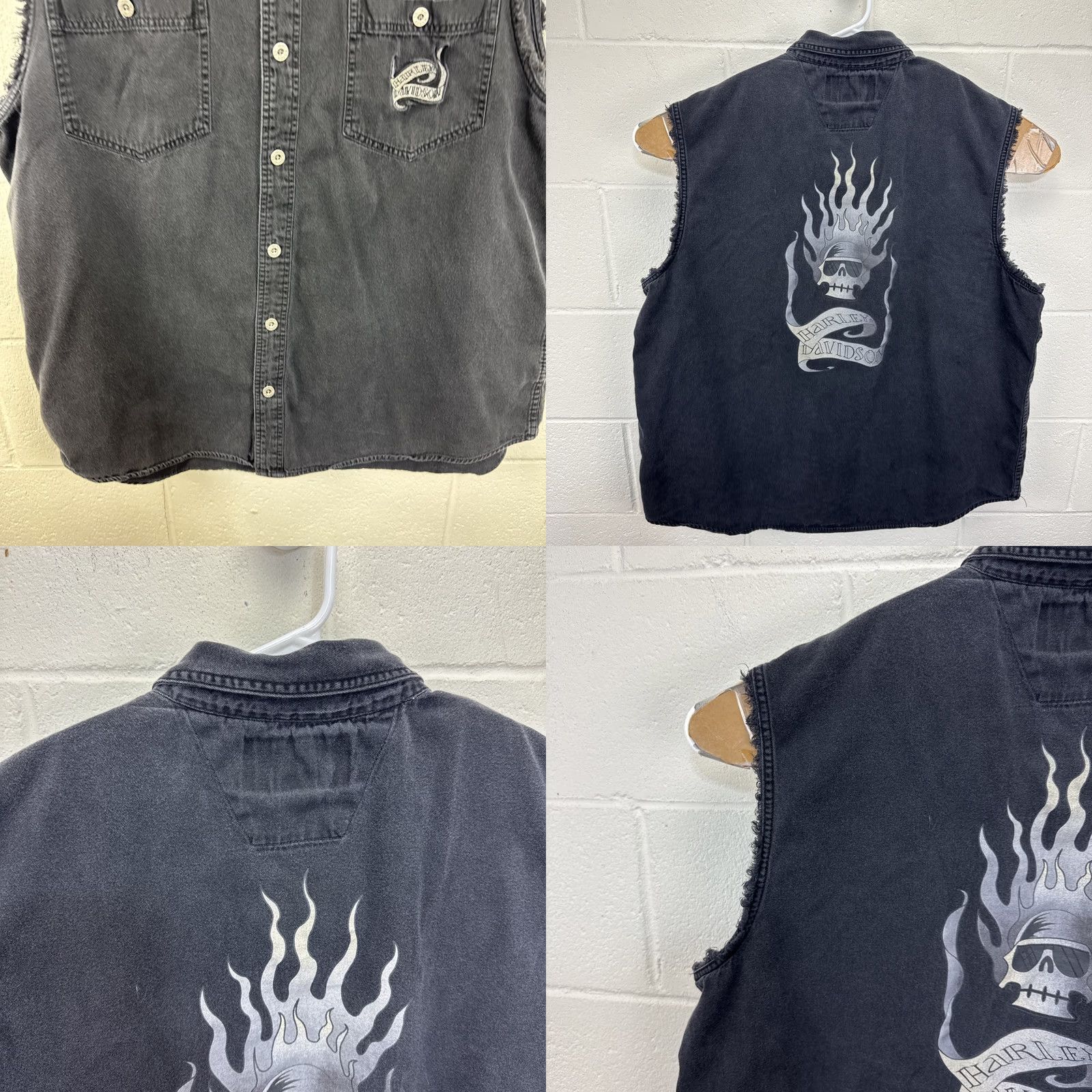 Harley Davidson VINTAGE Harley Davidson Mens Faded Black Sleeveless Button Shirt Skull Flames 2XL Shirt Size US XXL / EU 58 / 5 - 8 Thumbnail