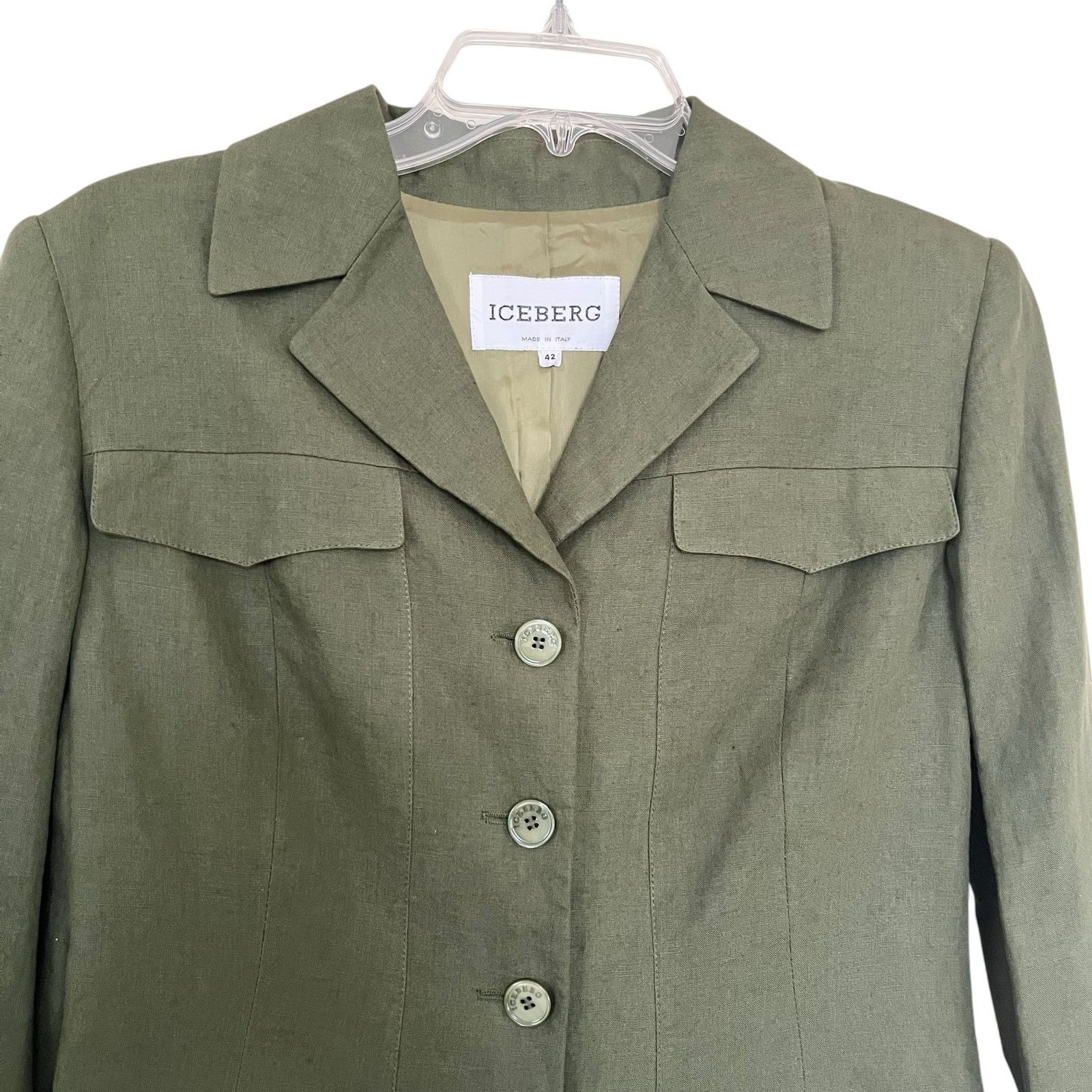Iceberg Iceberg Army Green 100% Linen Utilitarian Blazer Jacket Size M / US 6-8 / IT 42-44 - 2 Thumbnail